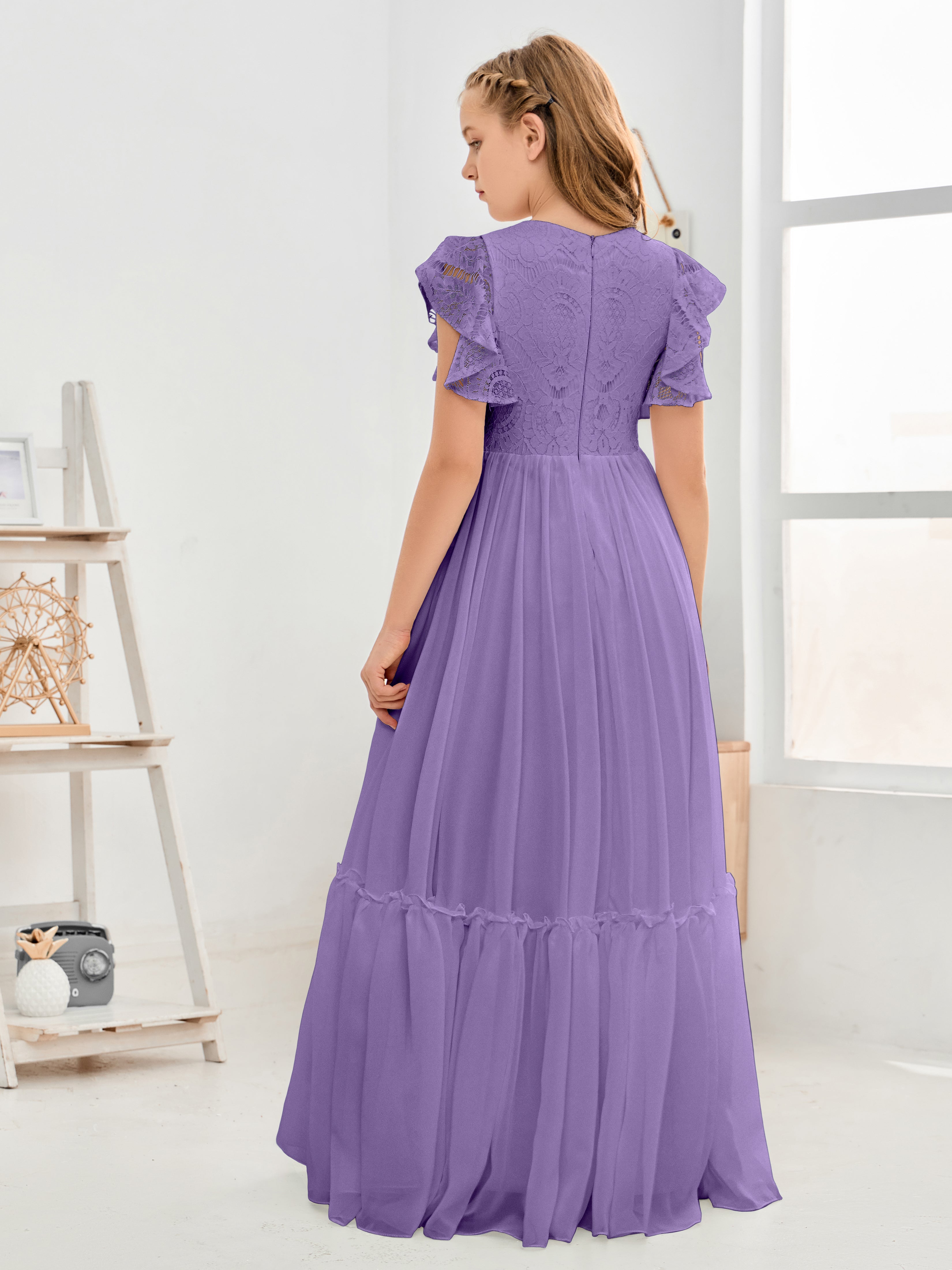 Short Sleeves Floor Length Chiffon Junior Bridesmaid Dress