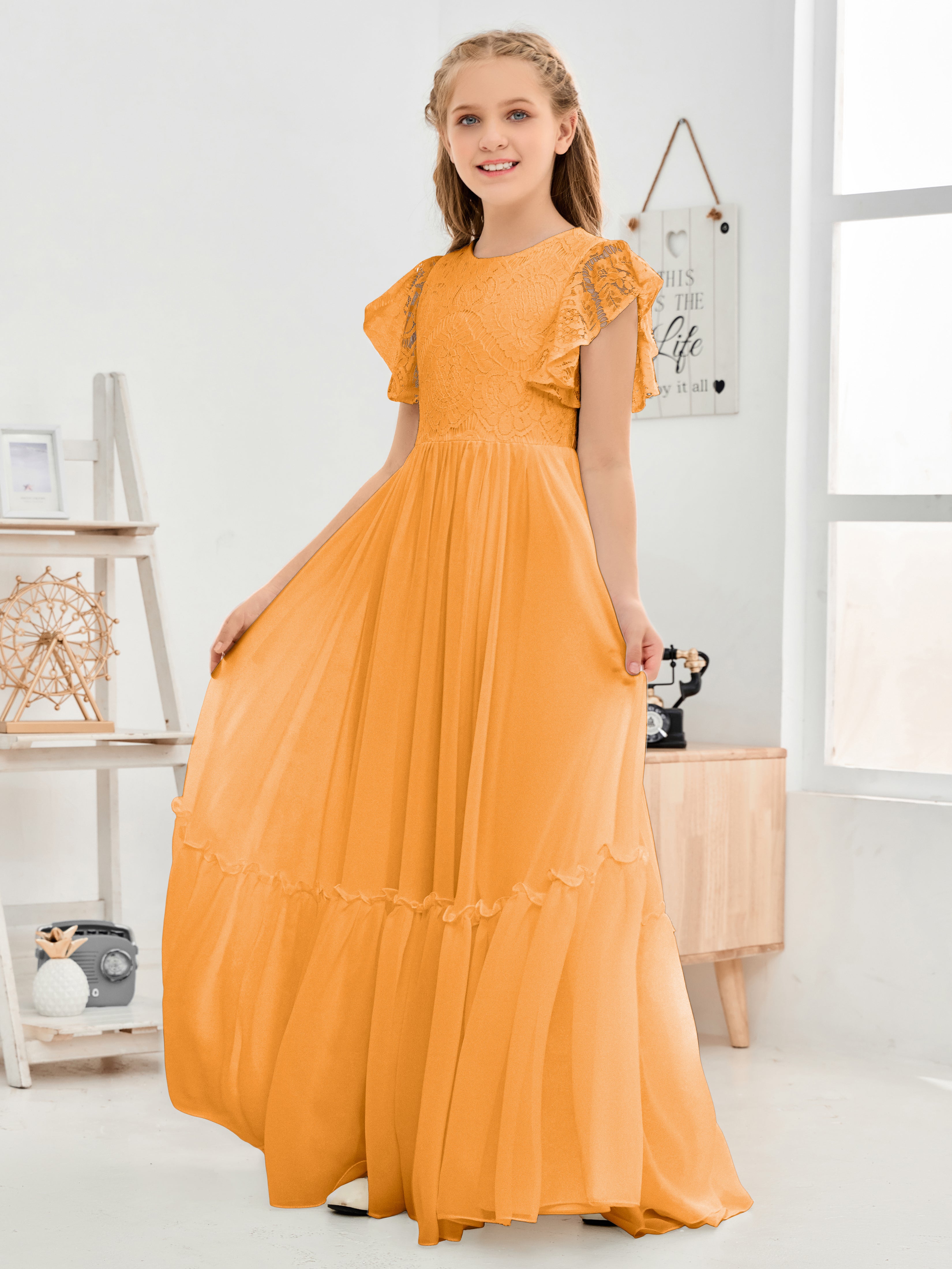 Short Sleeves Floor Length Chiffon Junior Bridesmaid Dress