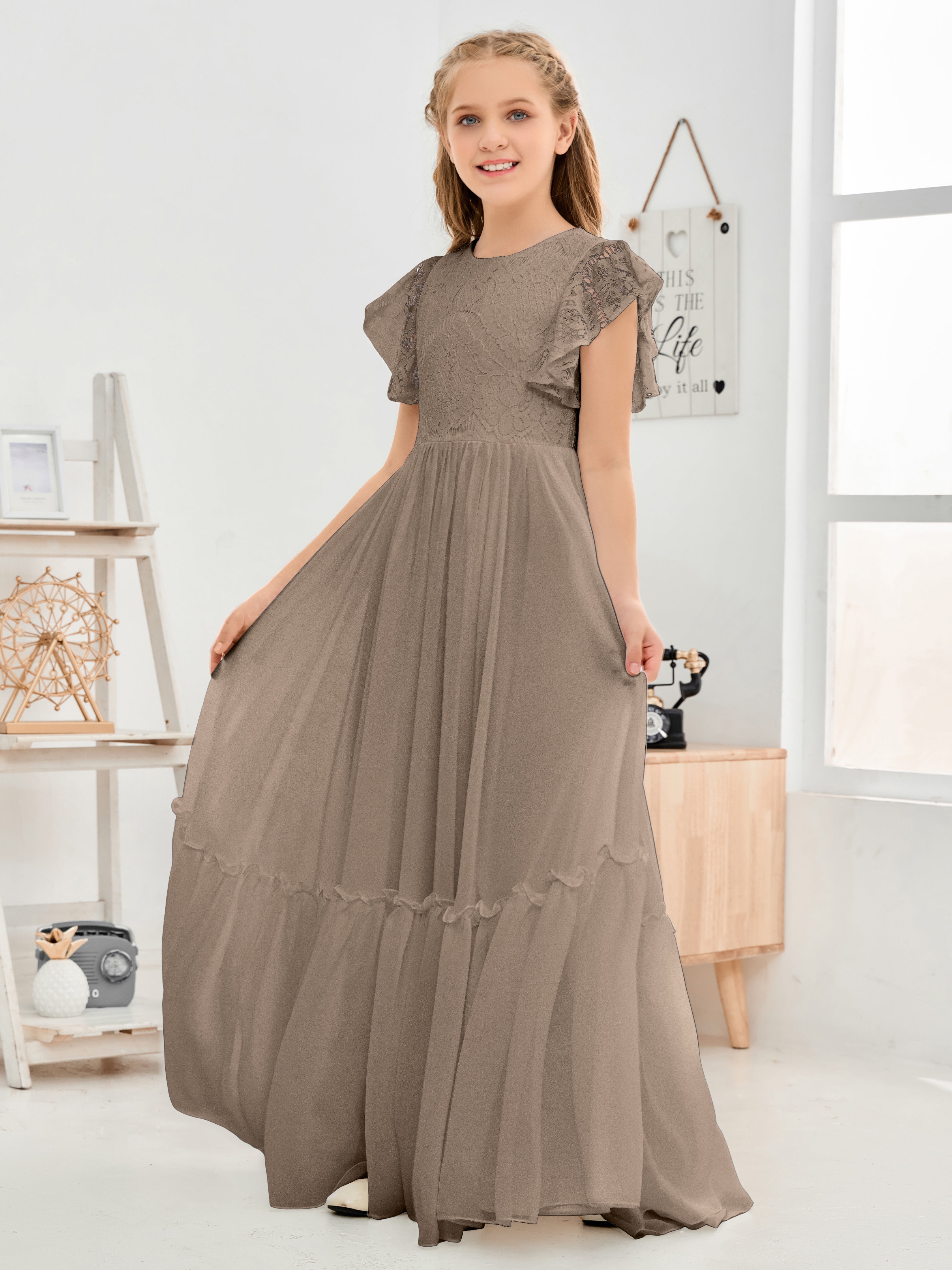 Short Sleeves Floor Length Chiffon Junior Bridesmaid Dress