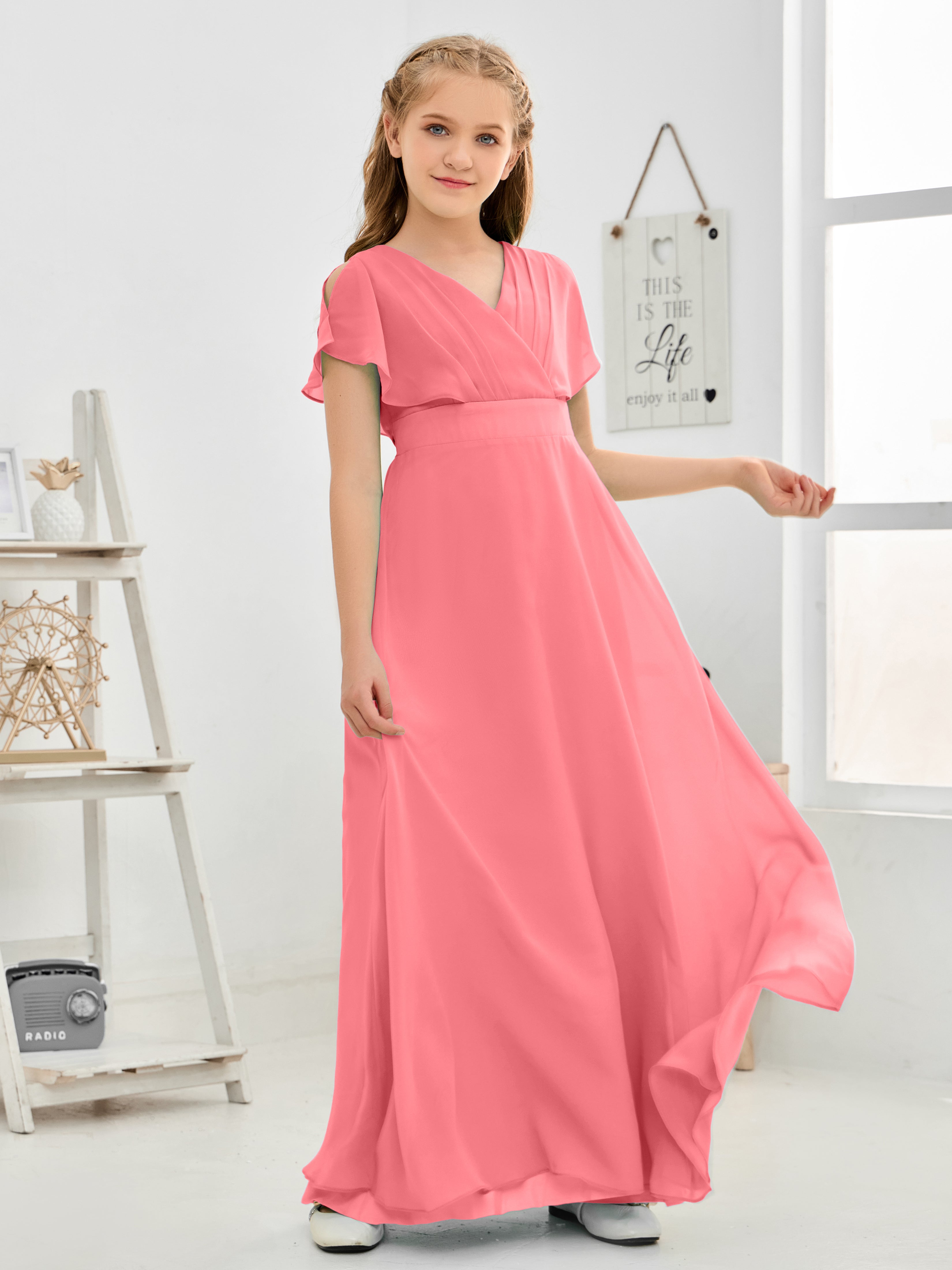 Short Sleeves Floor-Length Chiffon Junior Bridesmaid Dress