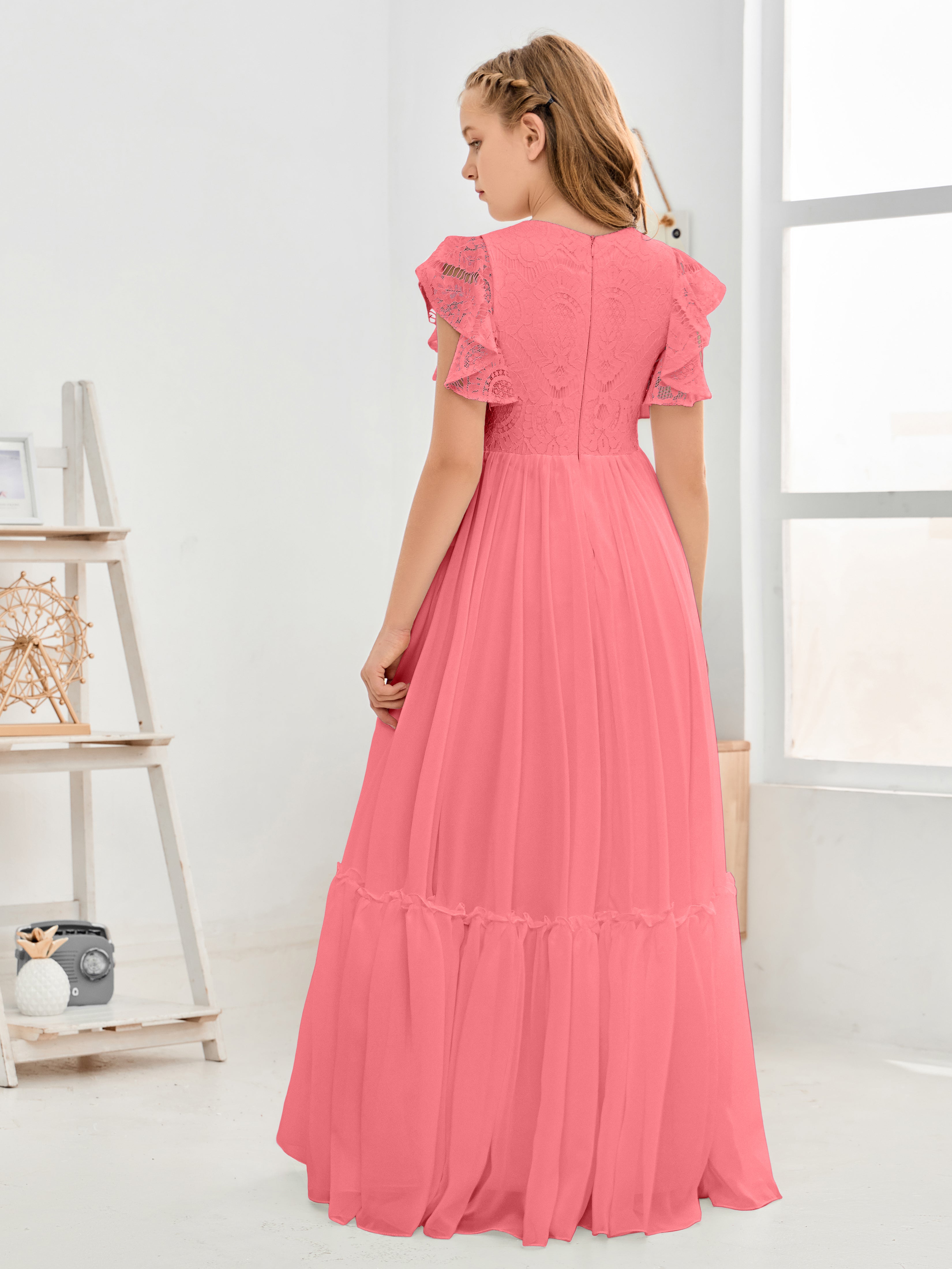 Short Sleeves Floor Length Chiffon Junior Bridesmaid Dress