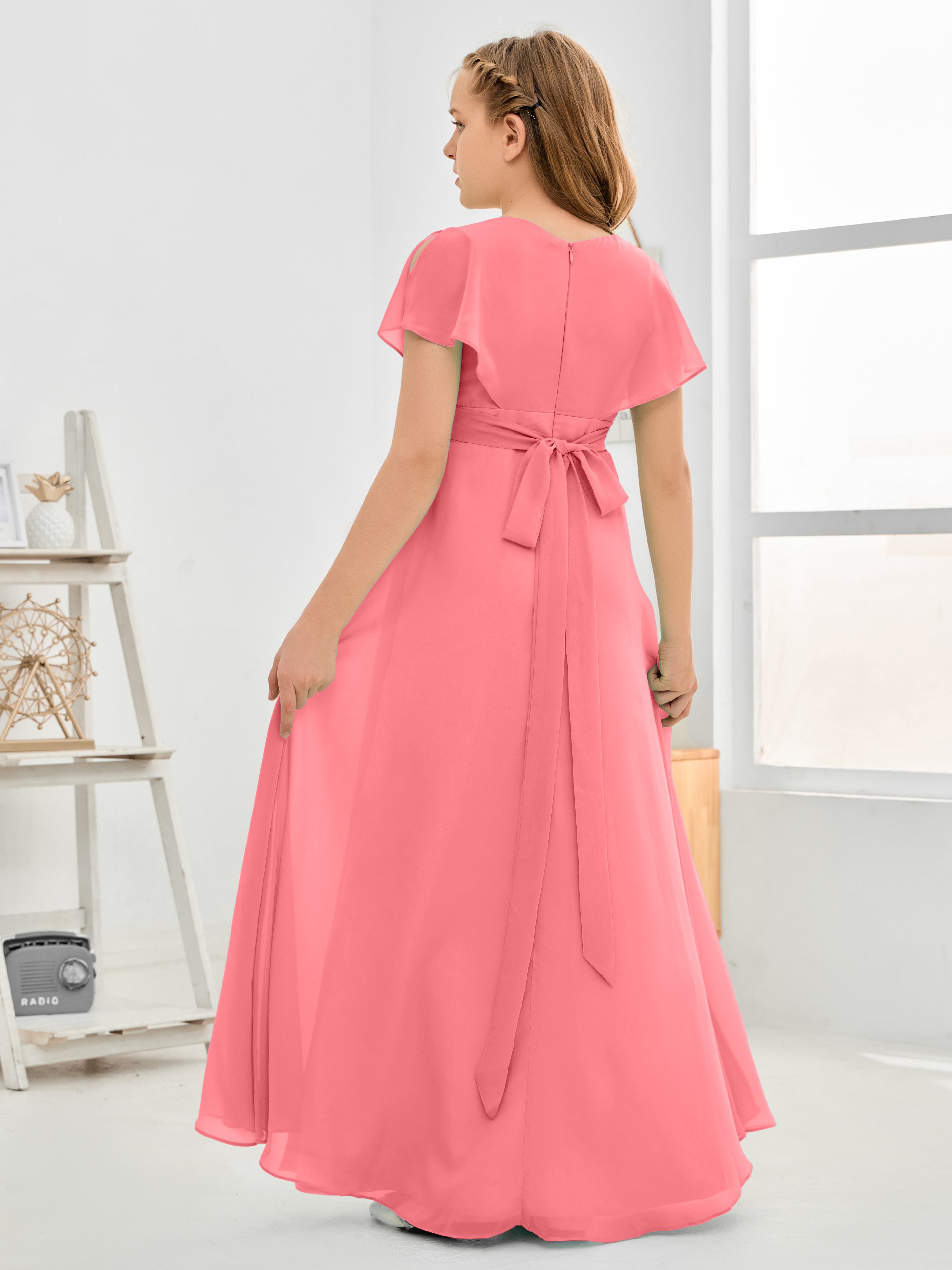 Short Sleeves Floor-Length Chiffon Junior Bridesmaid Dress