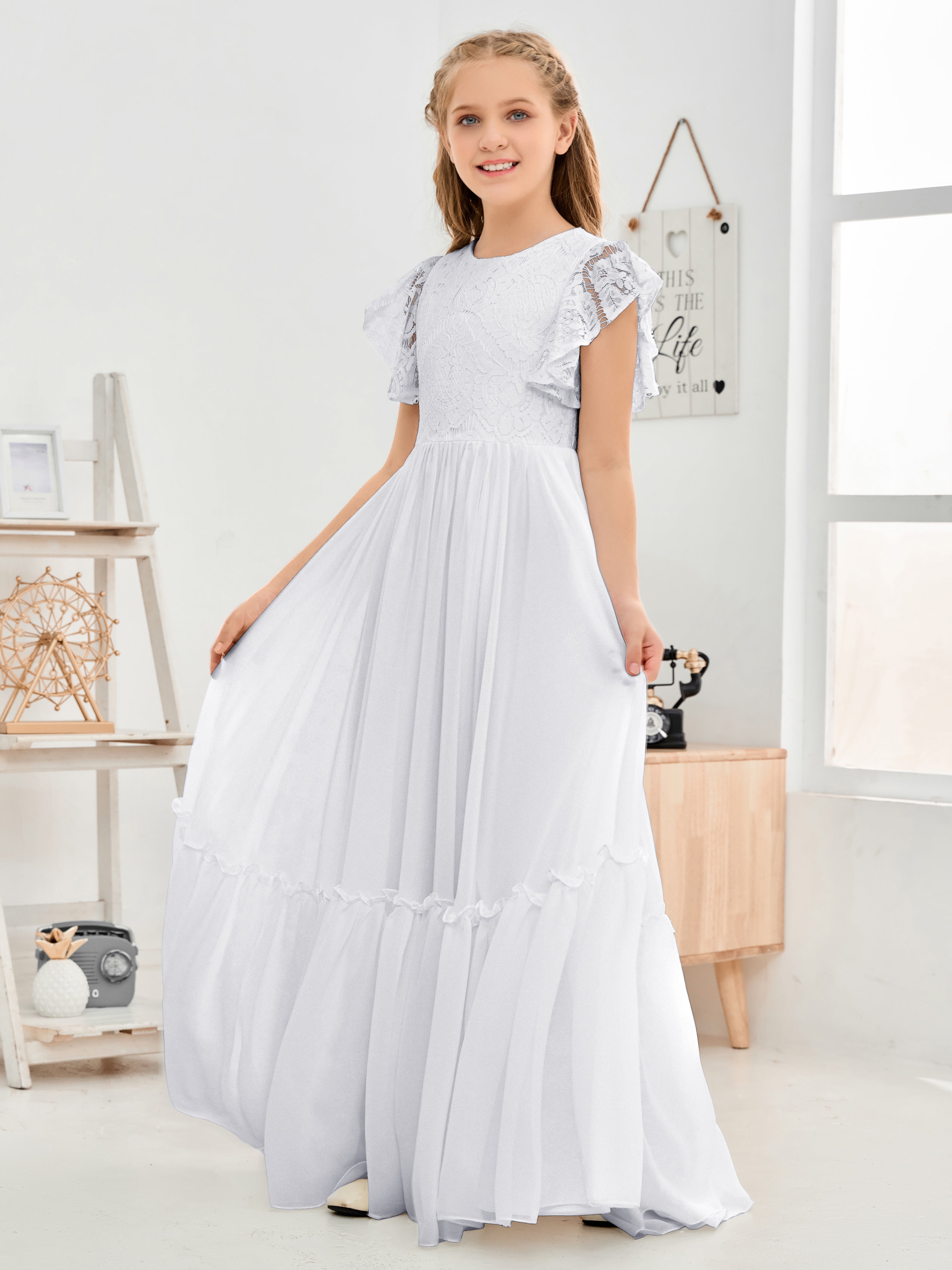 Short Sleeves Floor Length Chiffon Junior Bridesmaid Dress