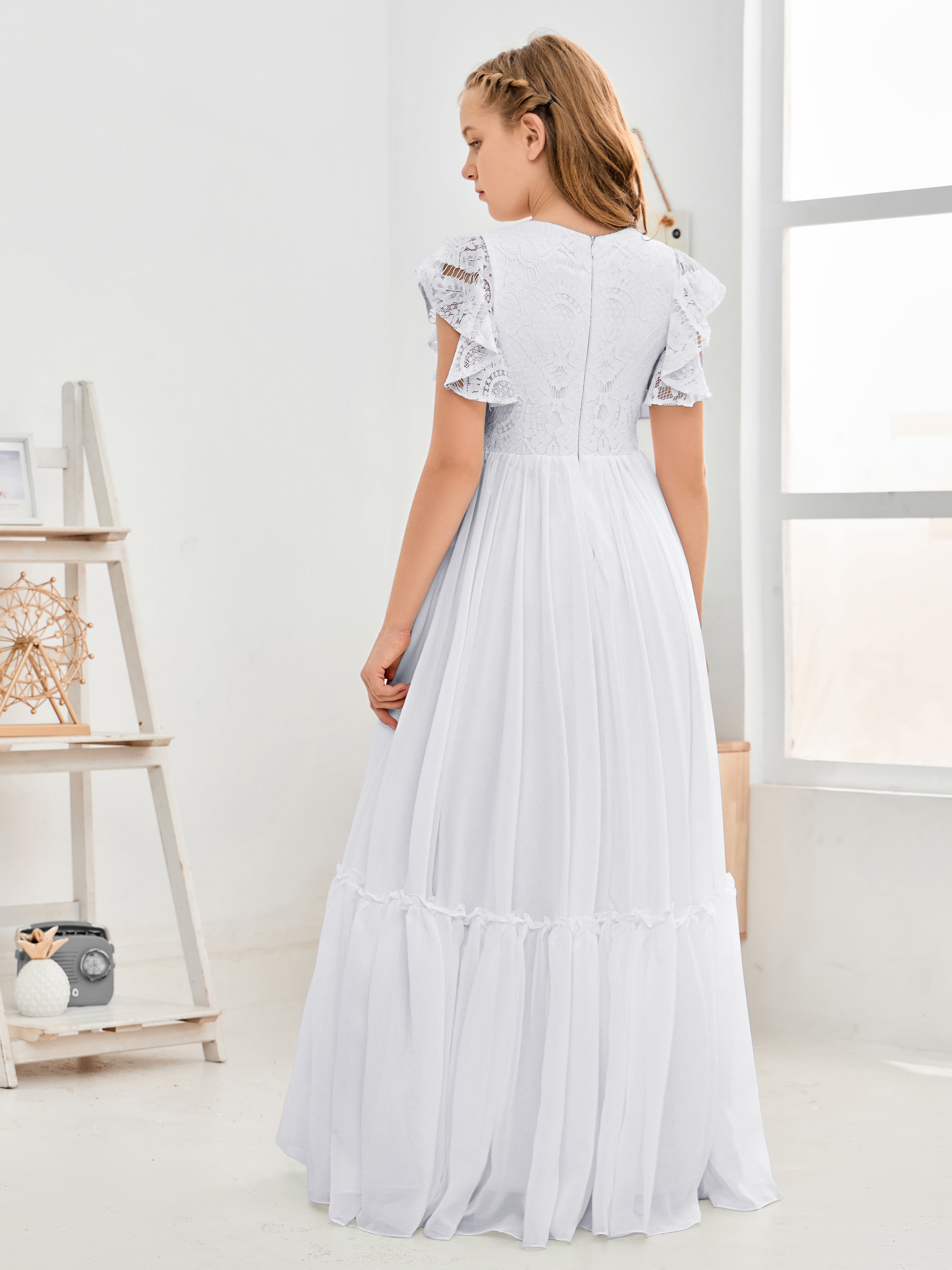 Short Sleeves Floor Length Chiffon Junior Bridesmaid Dress