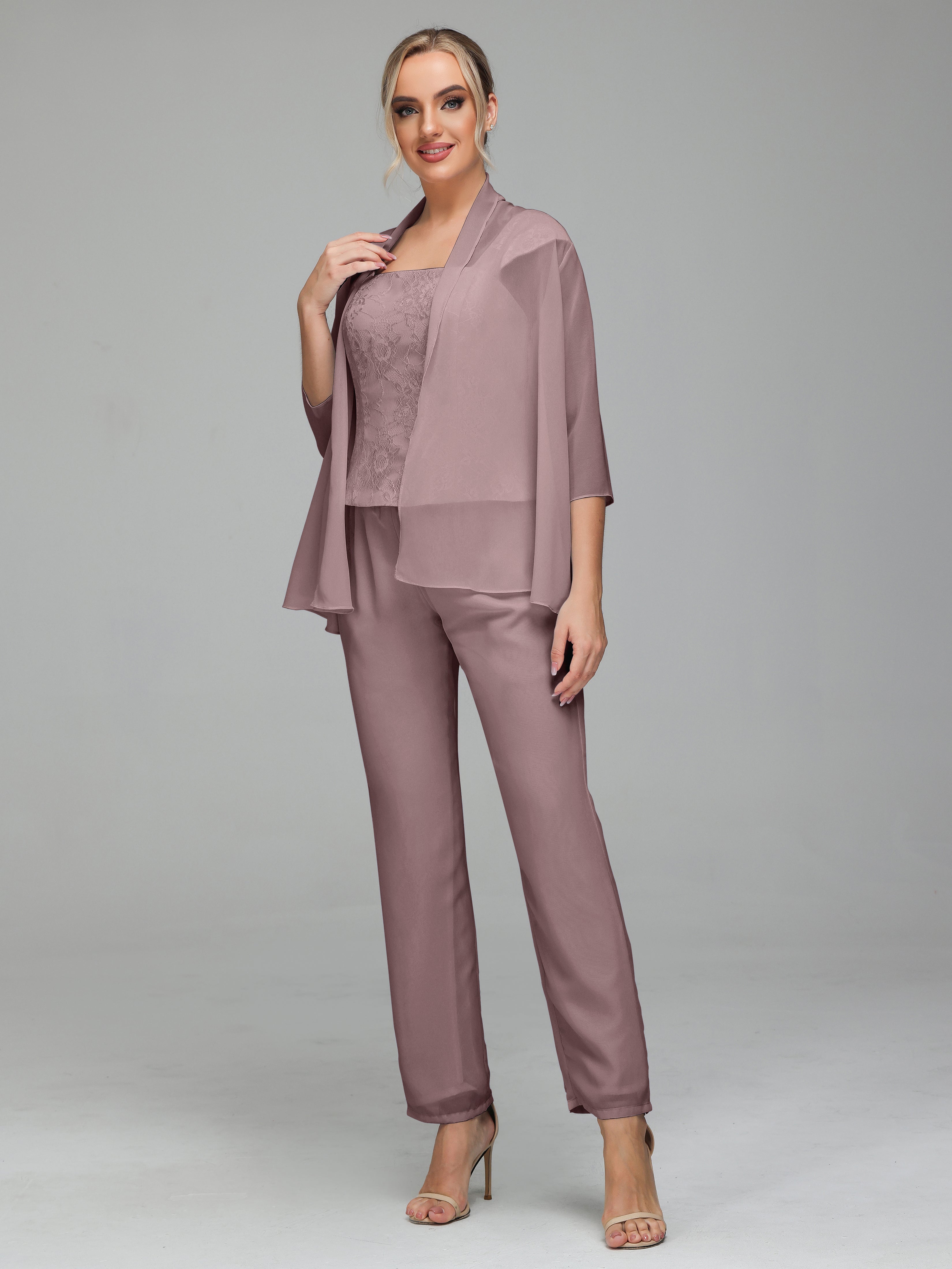 Simple 3 Pieces Lace Chiffon Mother of Bride Dress Pant Suits