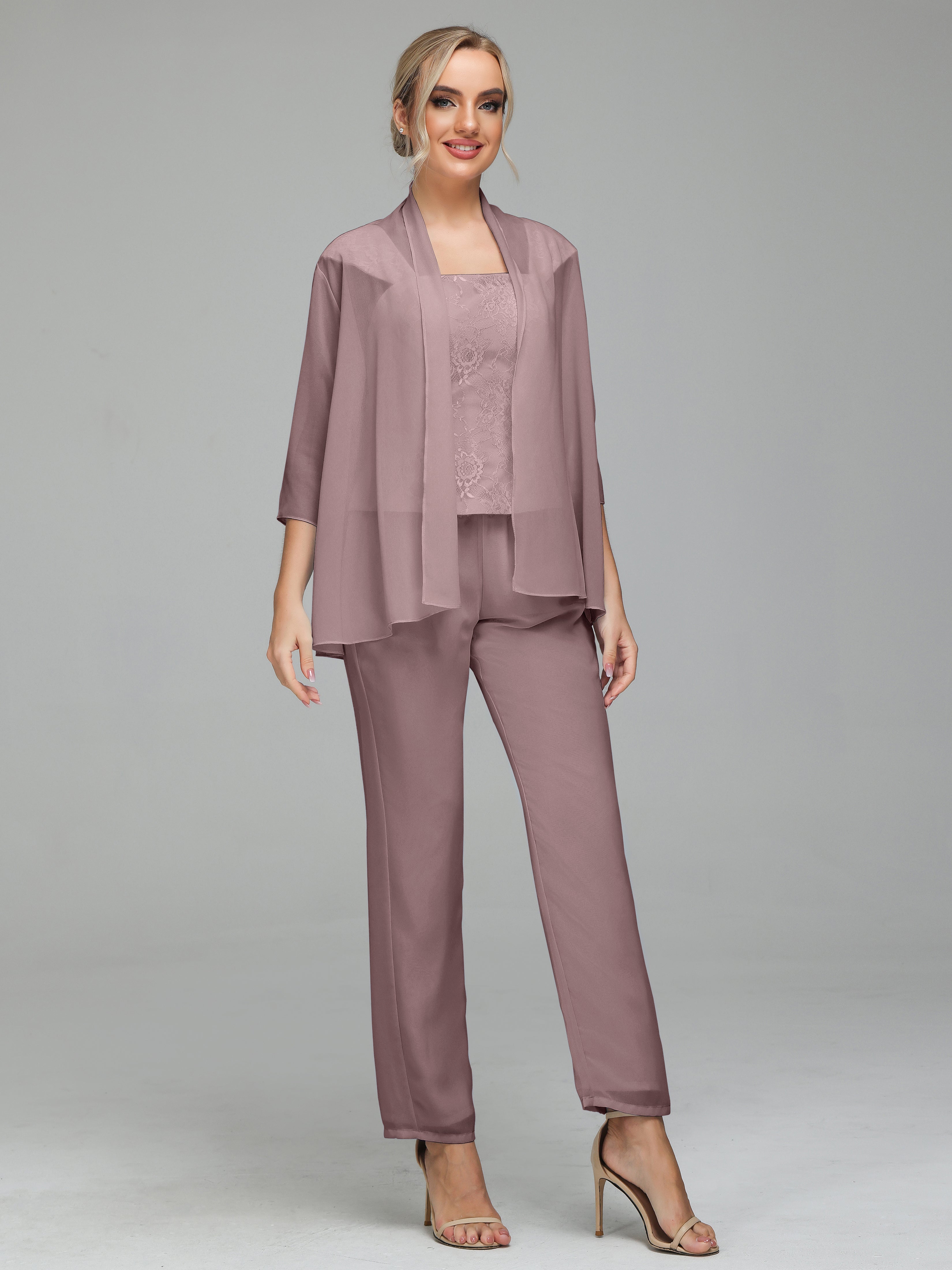 Simple 3 Pieces Lace Chiffon Mother of Bride Dress Pant Suits