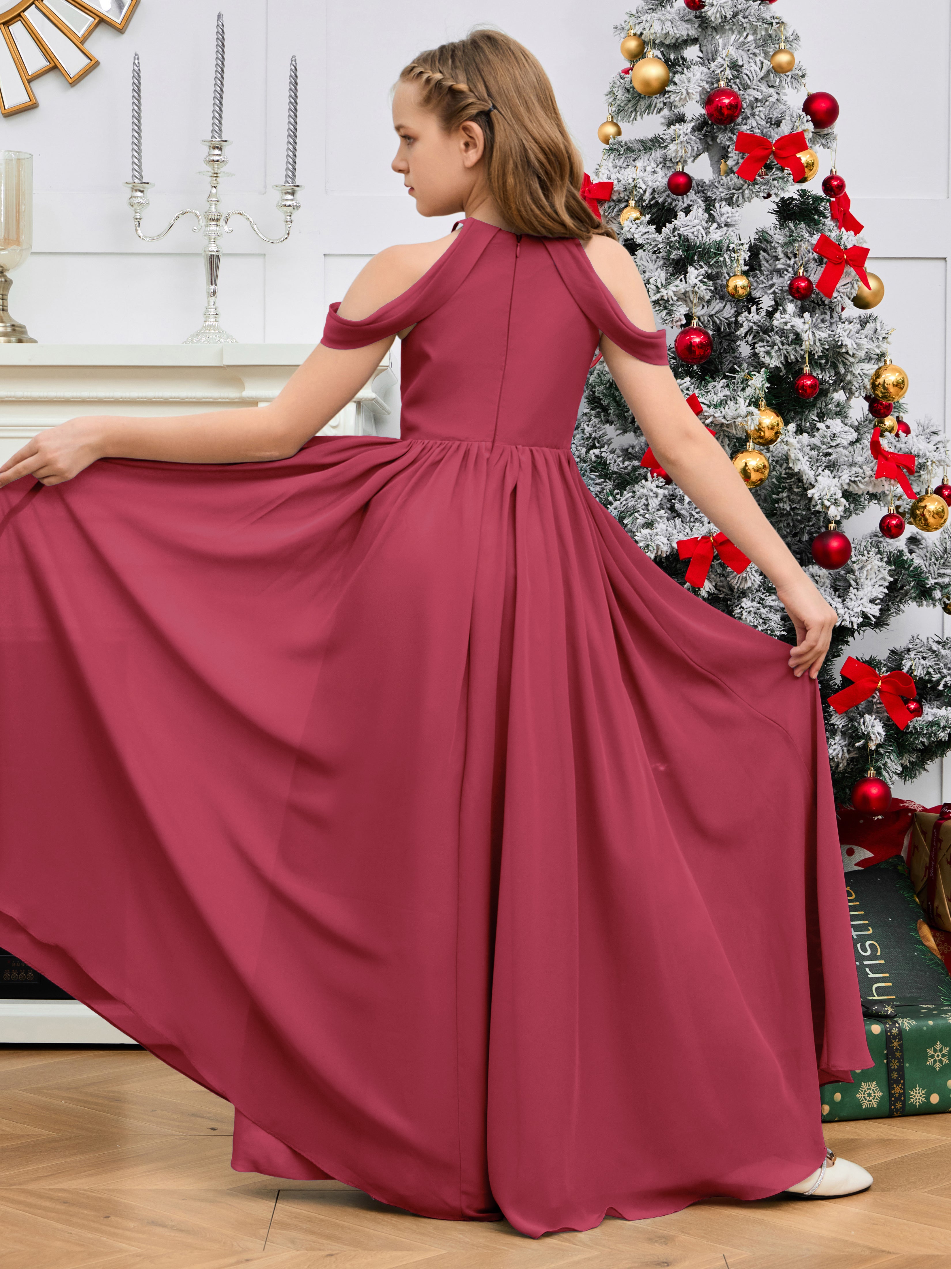 Sleeves Off Shoulder Chiffon Junior Bridesmaid Dress