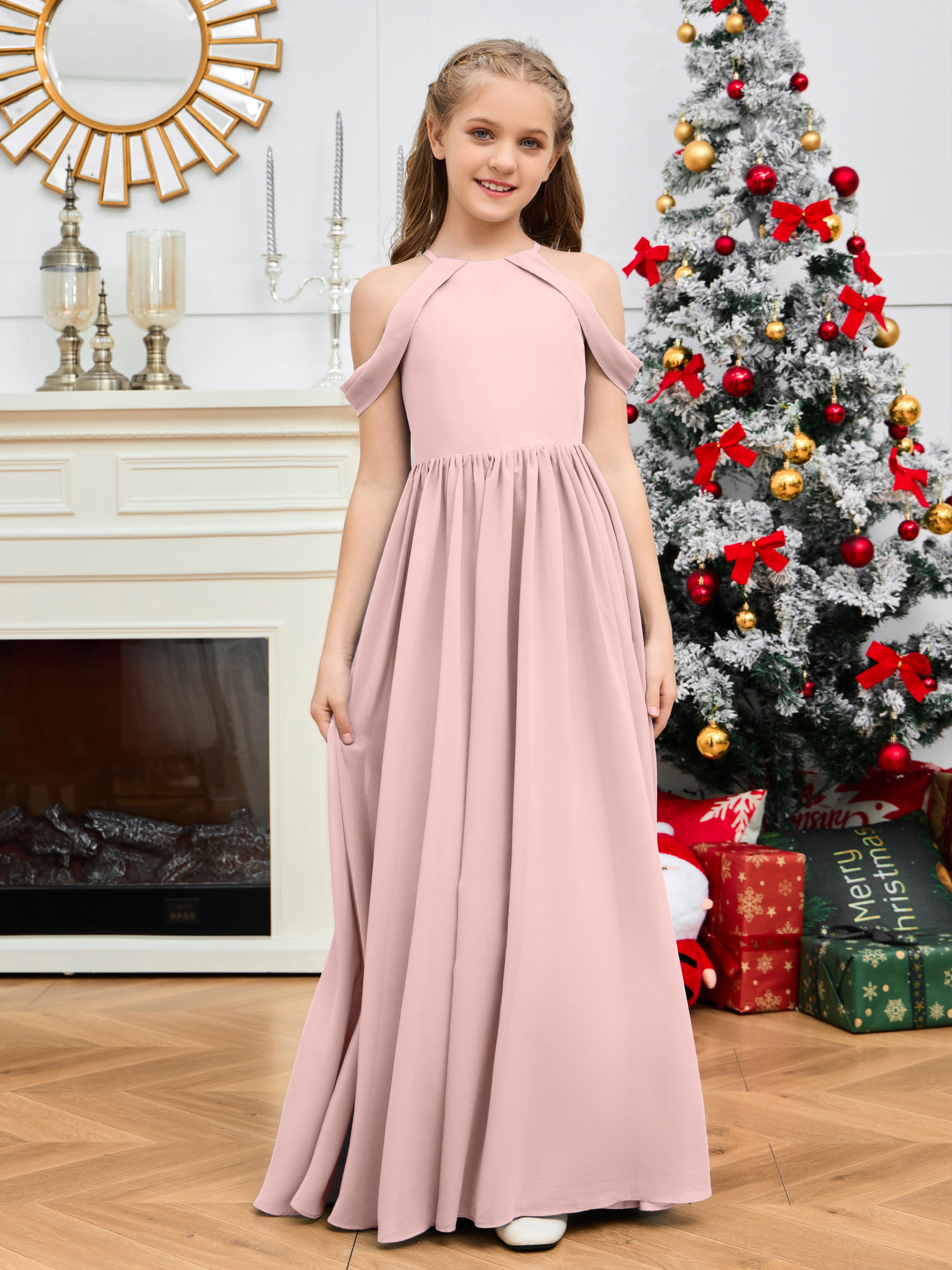 Sleeves Off Shoulder Chiffon Junior Bridesmaid Dress