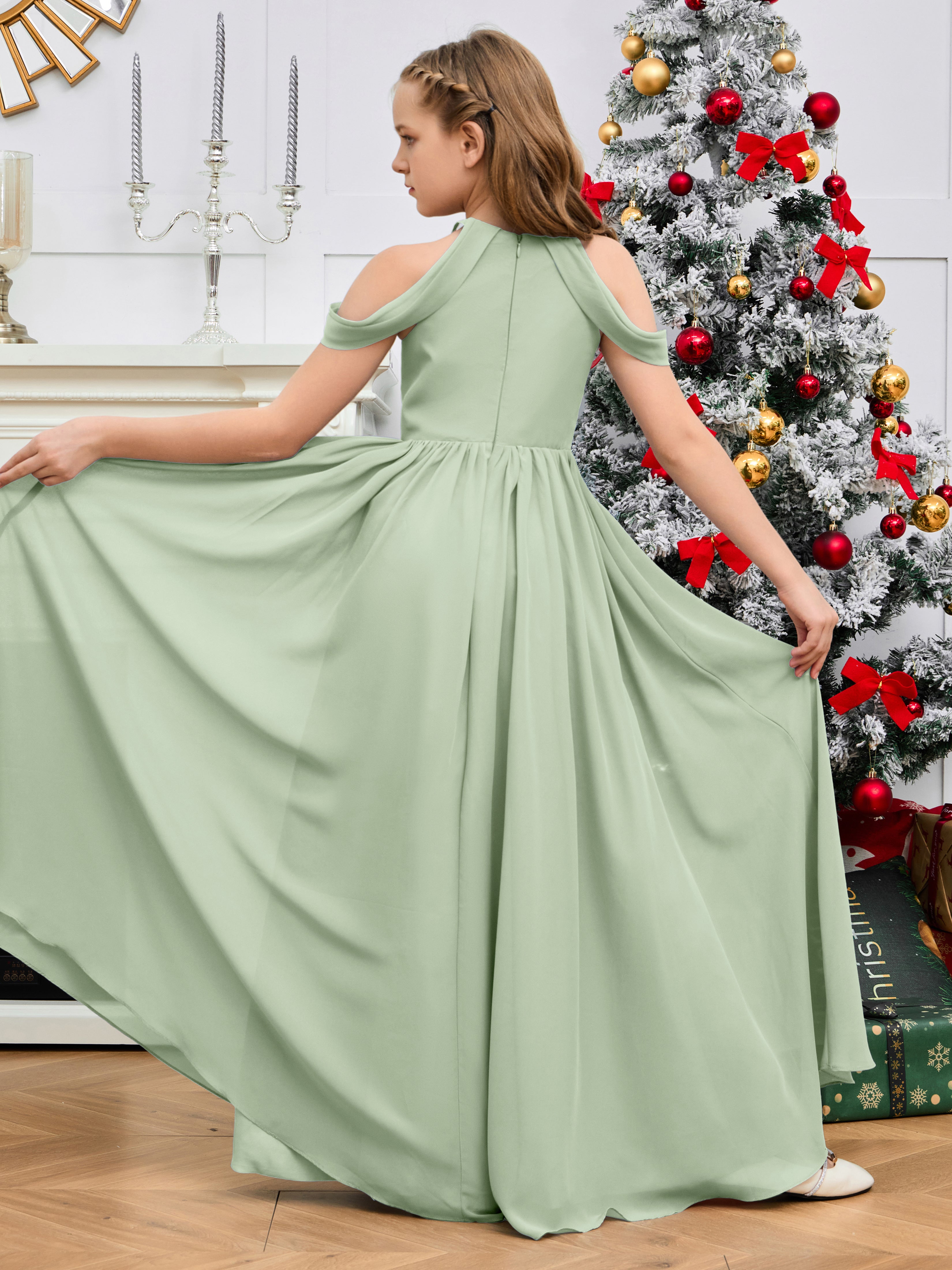 Sleeves Off Shoulder Chiffon Junior Bridesmaid Dress