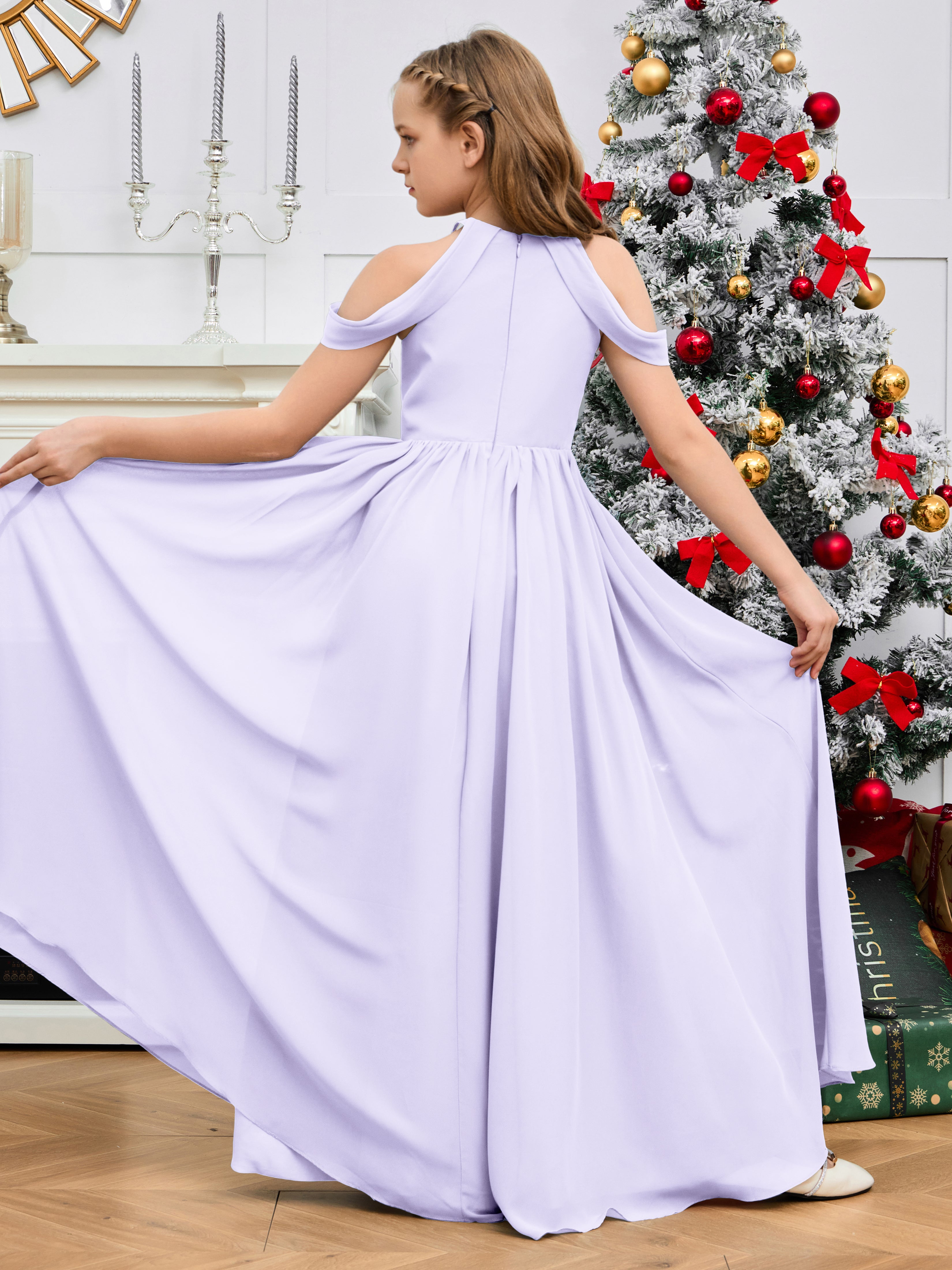 Sleeves Off Shoulder Chiffon Junior Bridesmaid Dress