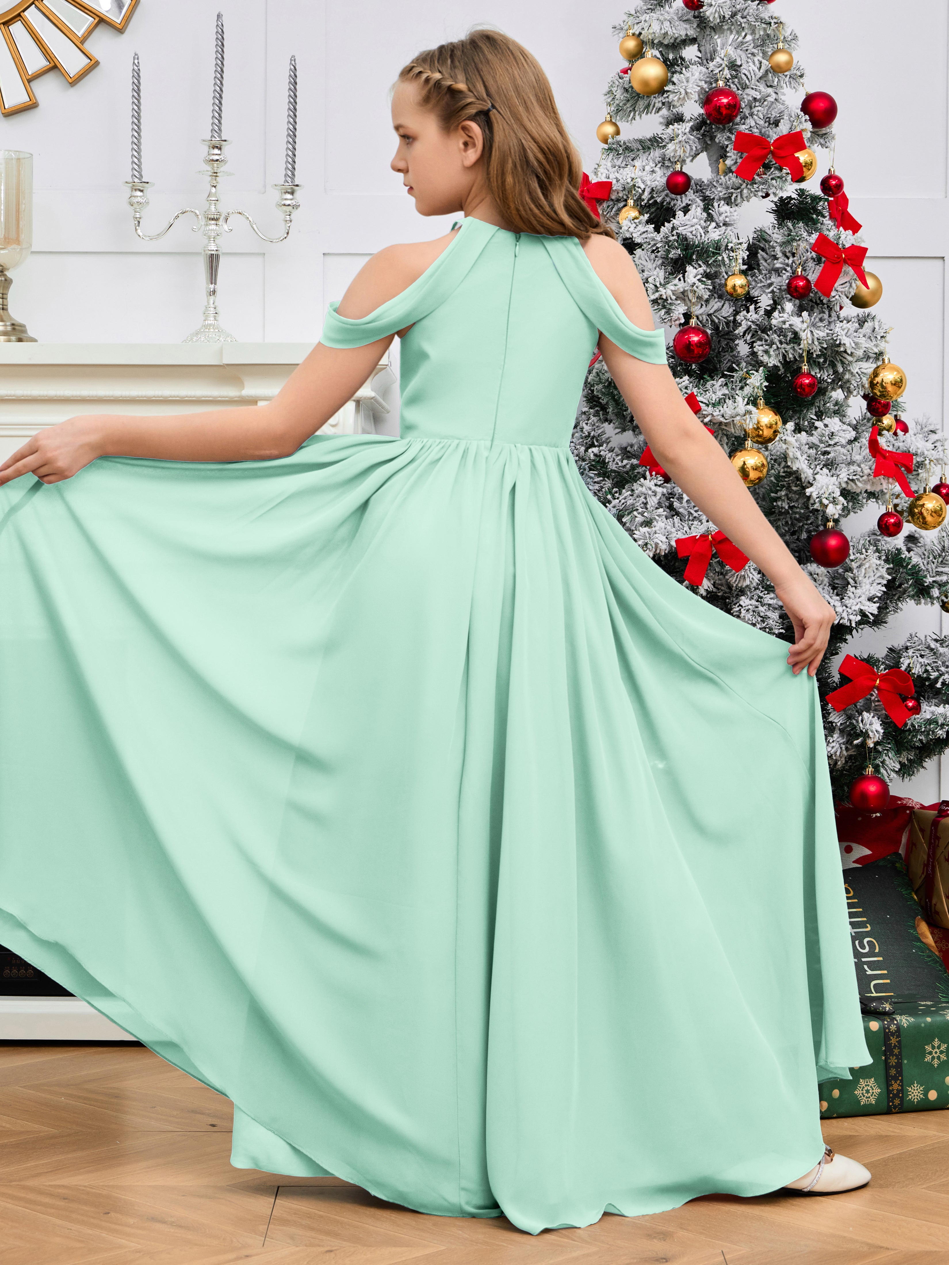 Sleeves Off Shoulder Chiffon Junior Bridesmaid Dress