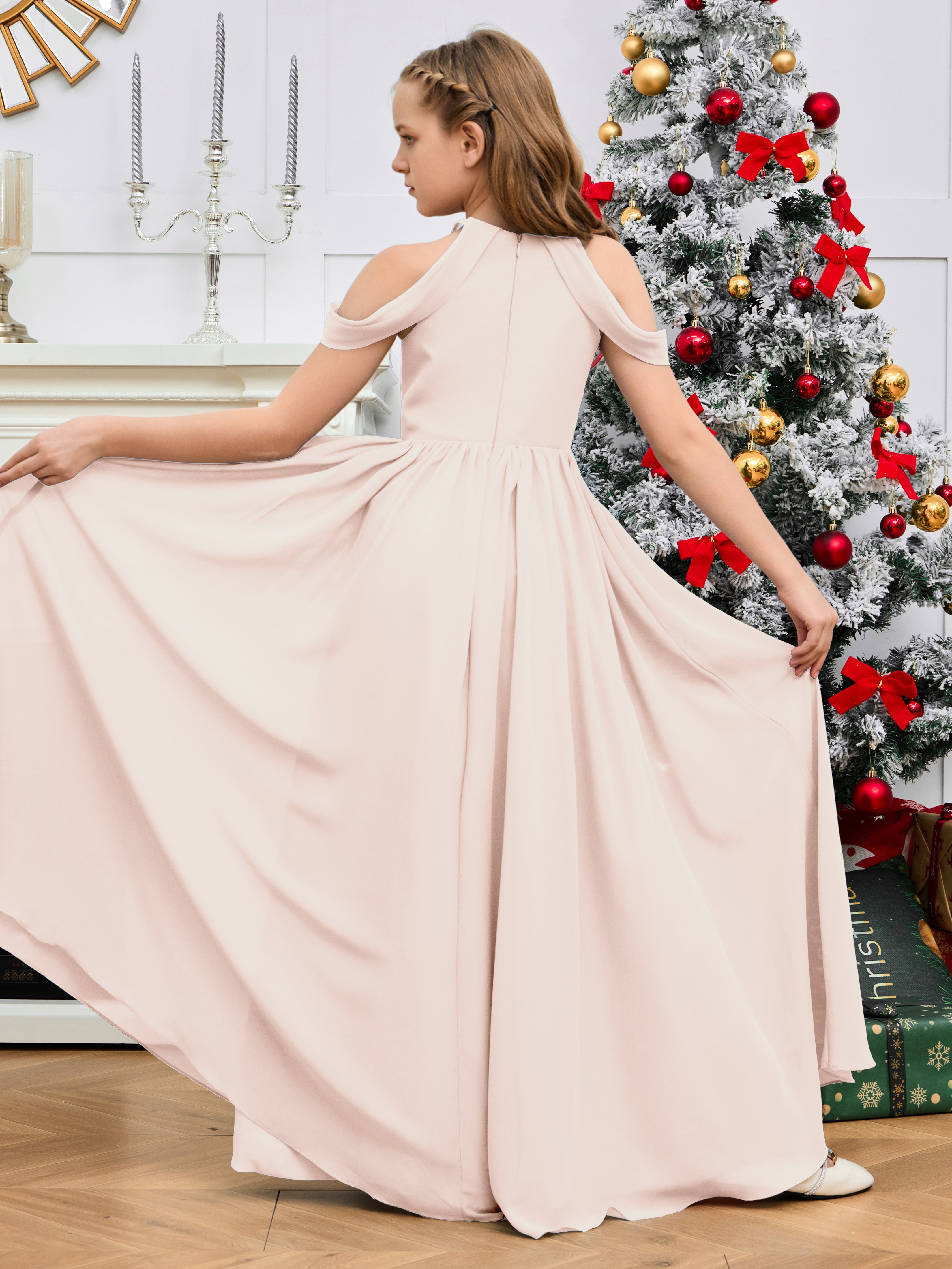 Sleeves Off Shoulder Chiffon Junior Bridesmaid Dress