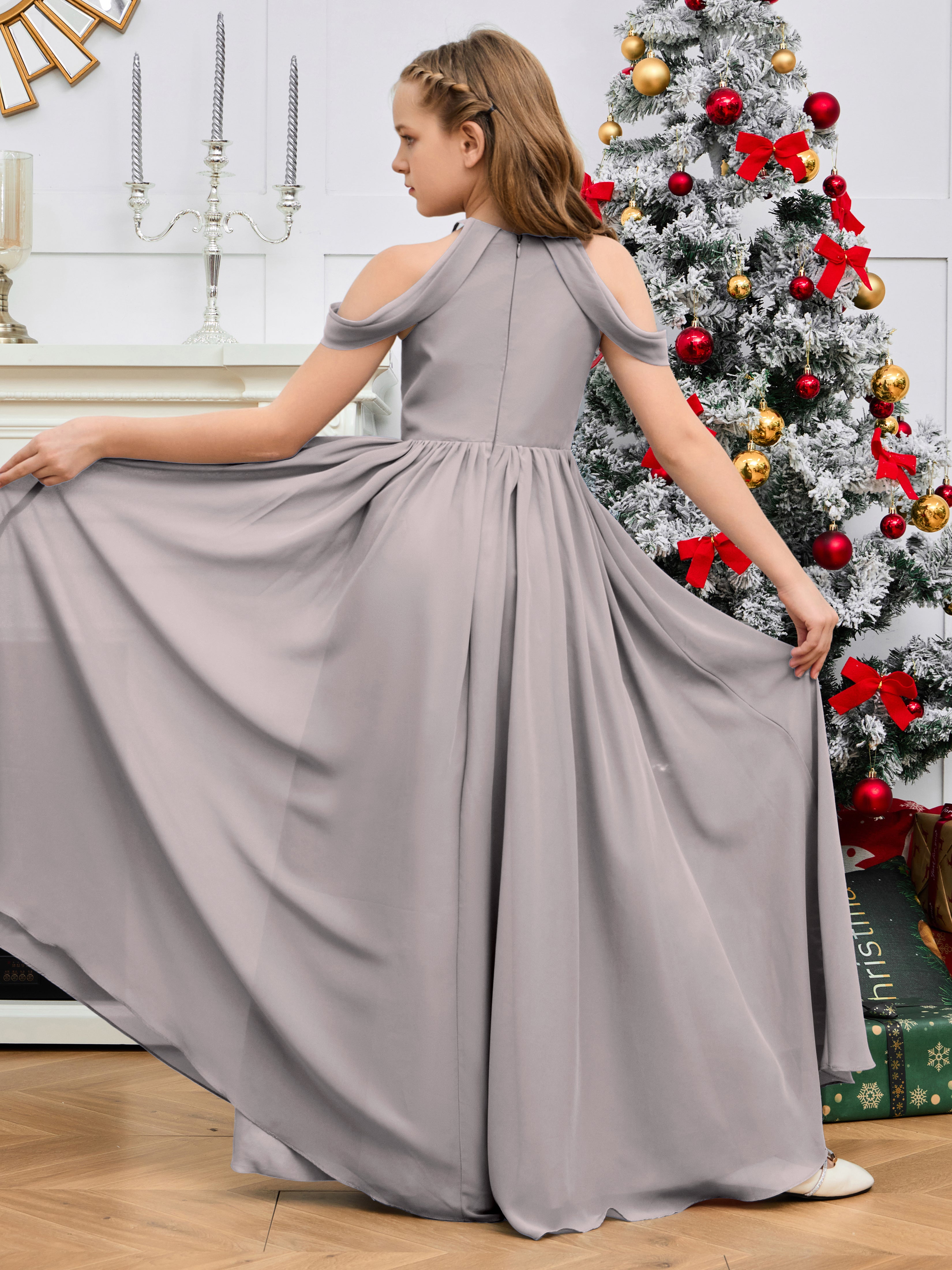 Sleeves Off Shoulder Chiffon Junior Bridesmaid Dress