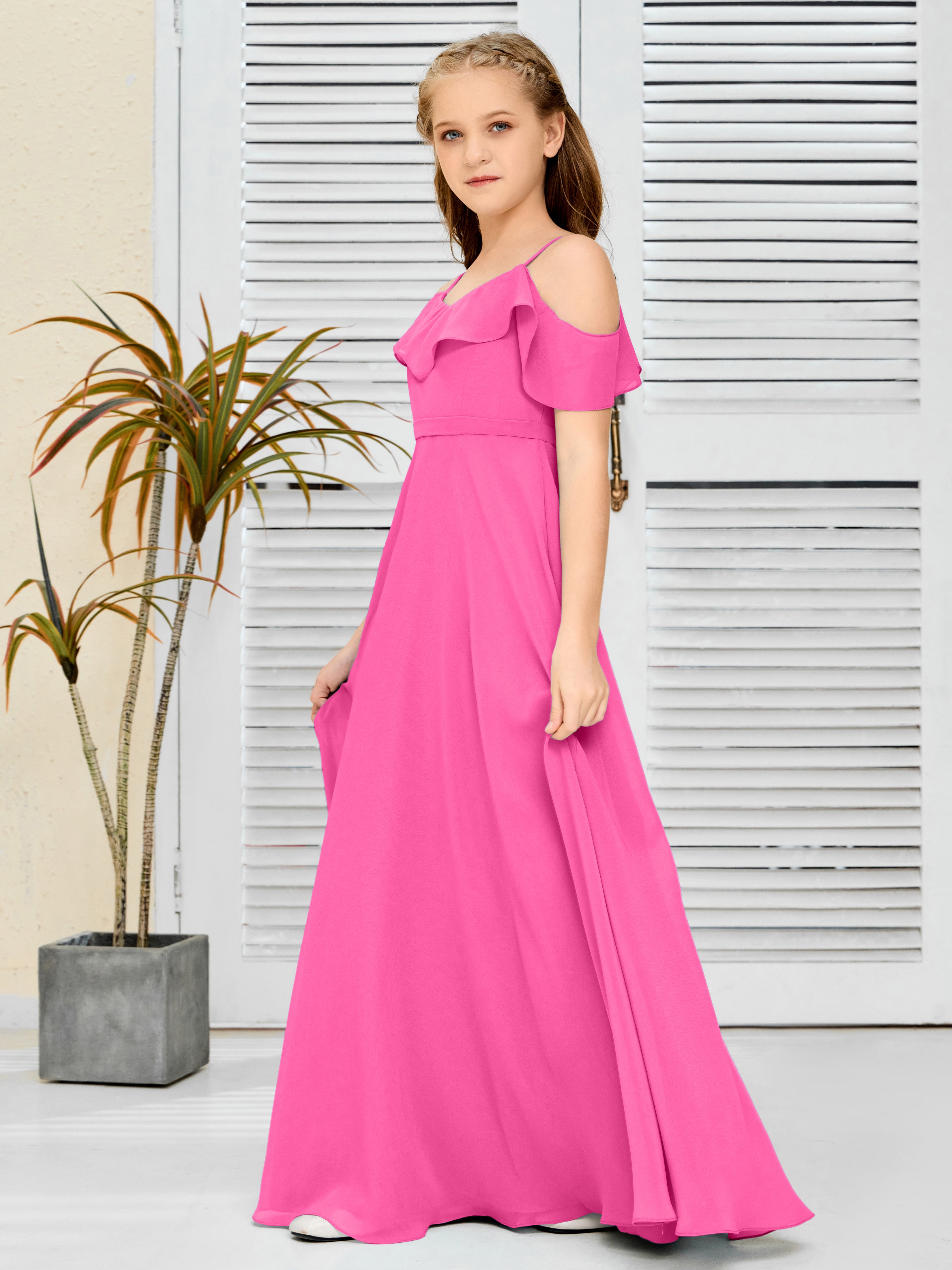 Spaghetti Straps V-Back Chiffon Junior Bridesmaid Dress