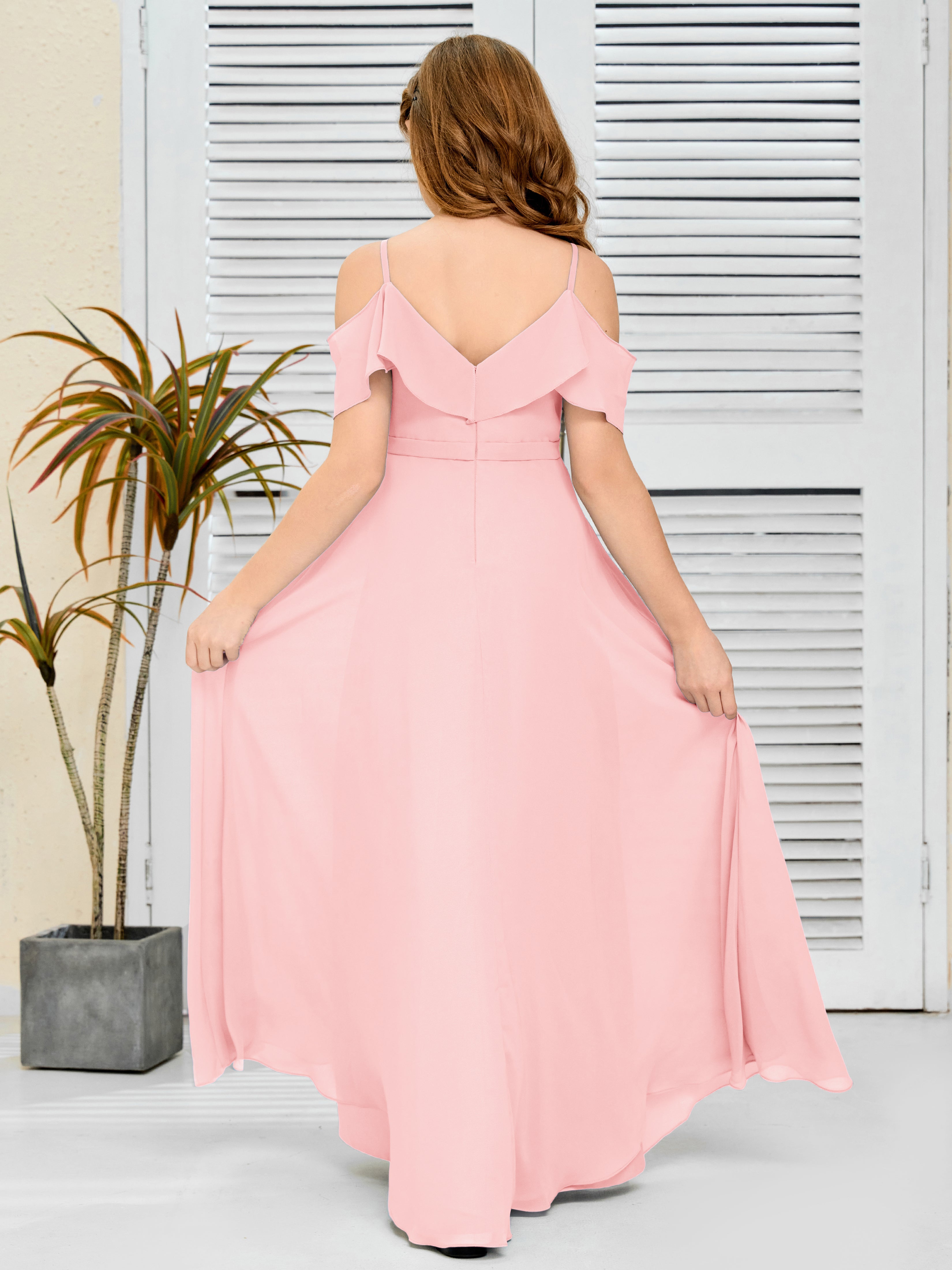 Spaghetti Straps V-Back Chiffon Junior Bridesmaid Dress