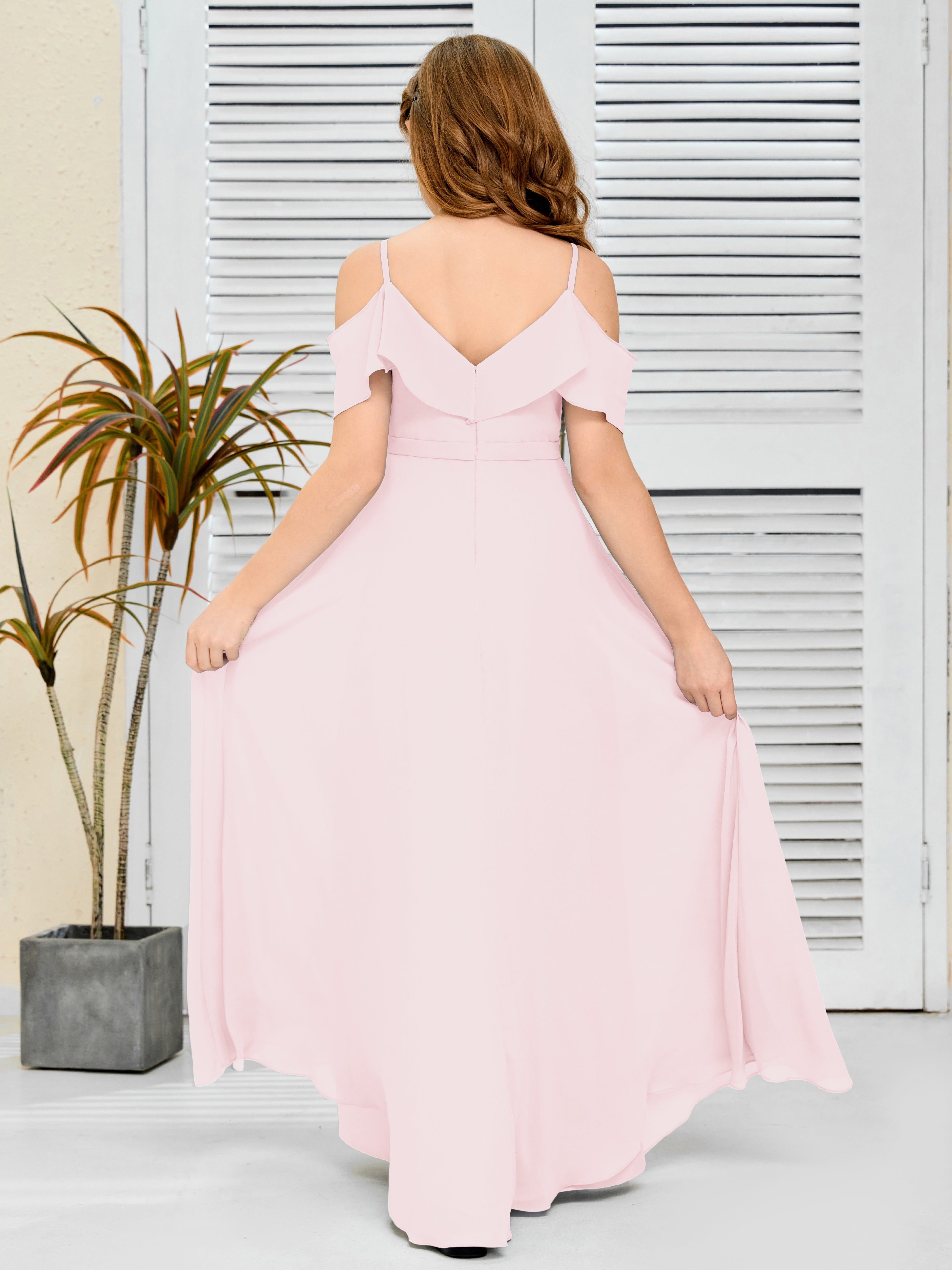 Spaghetti Straps V-Back Chiffon Junior Bridesmaid Dress