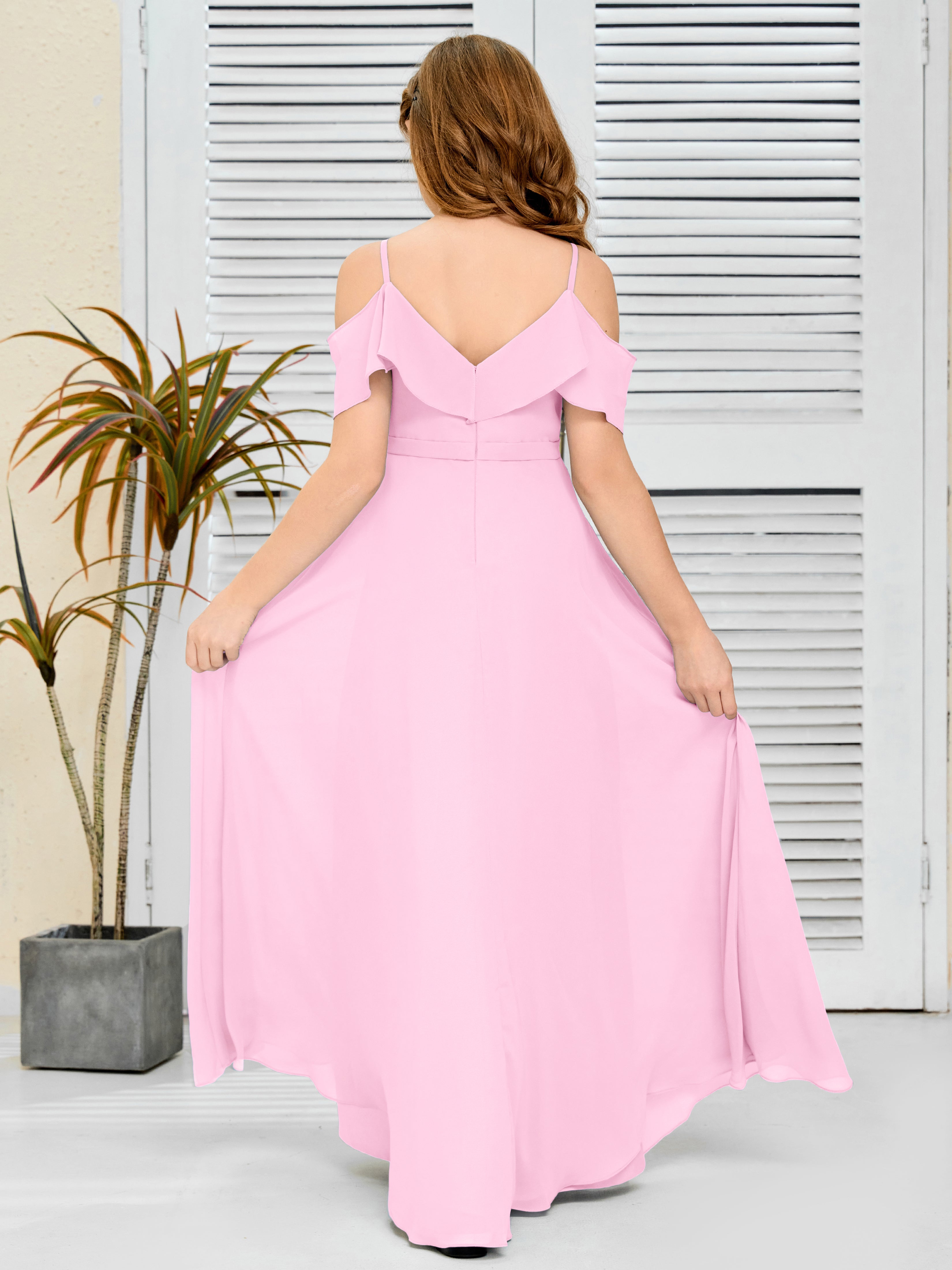 Spaghetti Straps V-Back Chiffon Junior Bridesmaid Dress