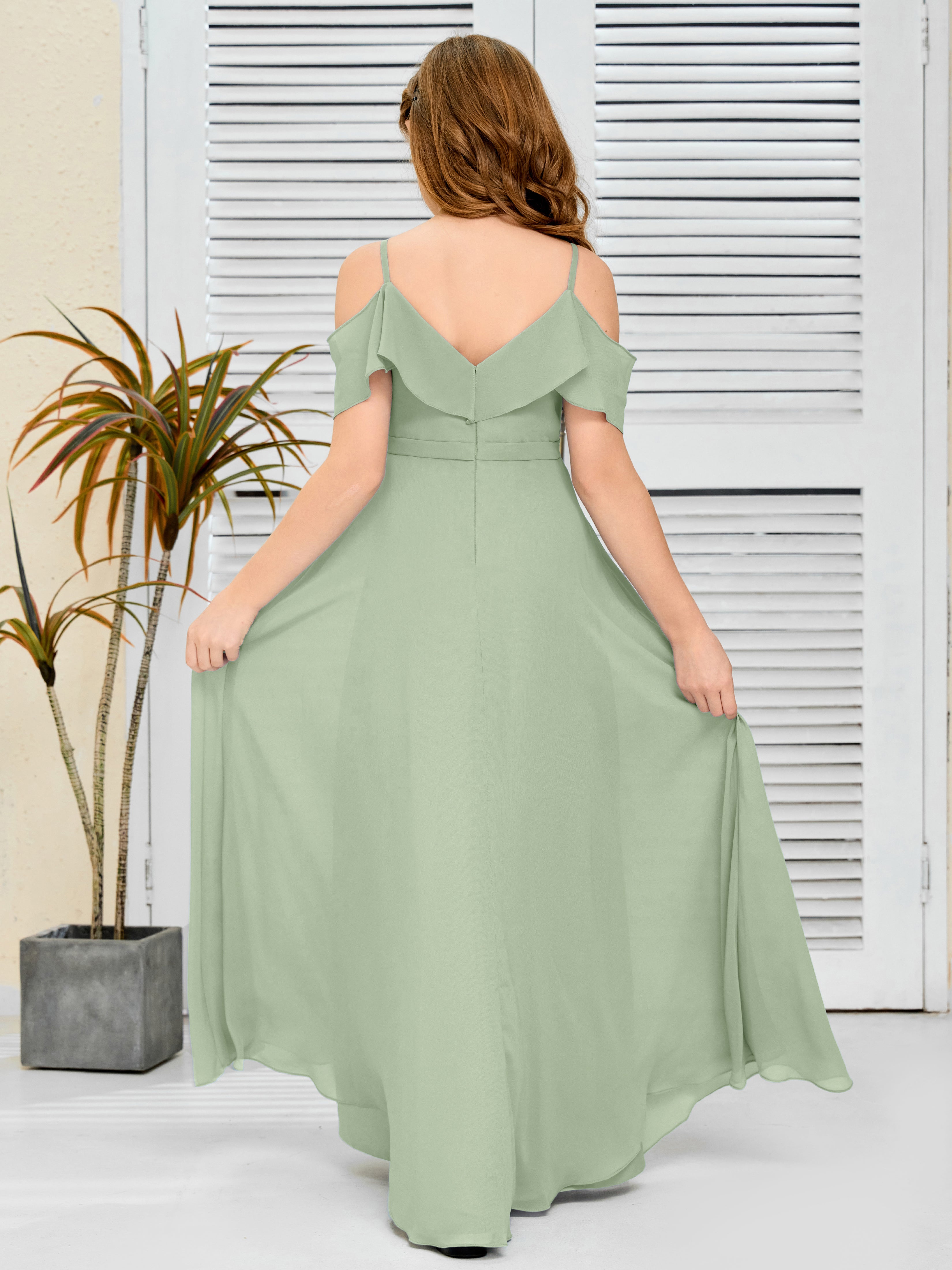 Spaghetti Straps V-Back Chiffon Junior Bridesmaid Dress