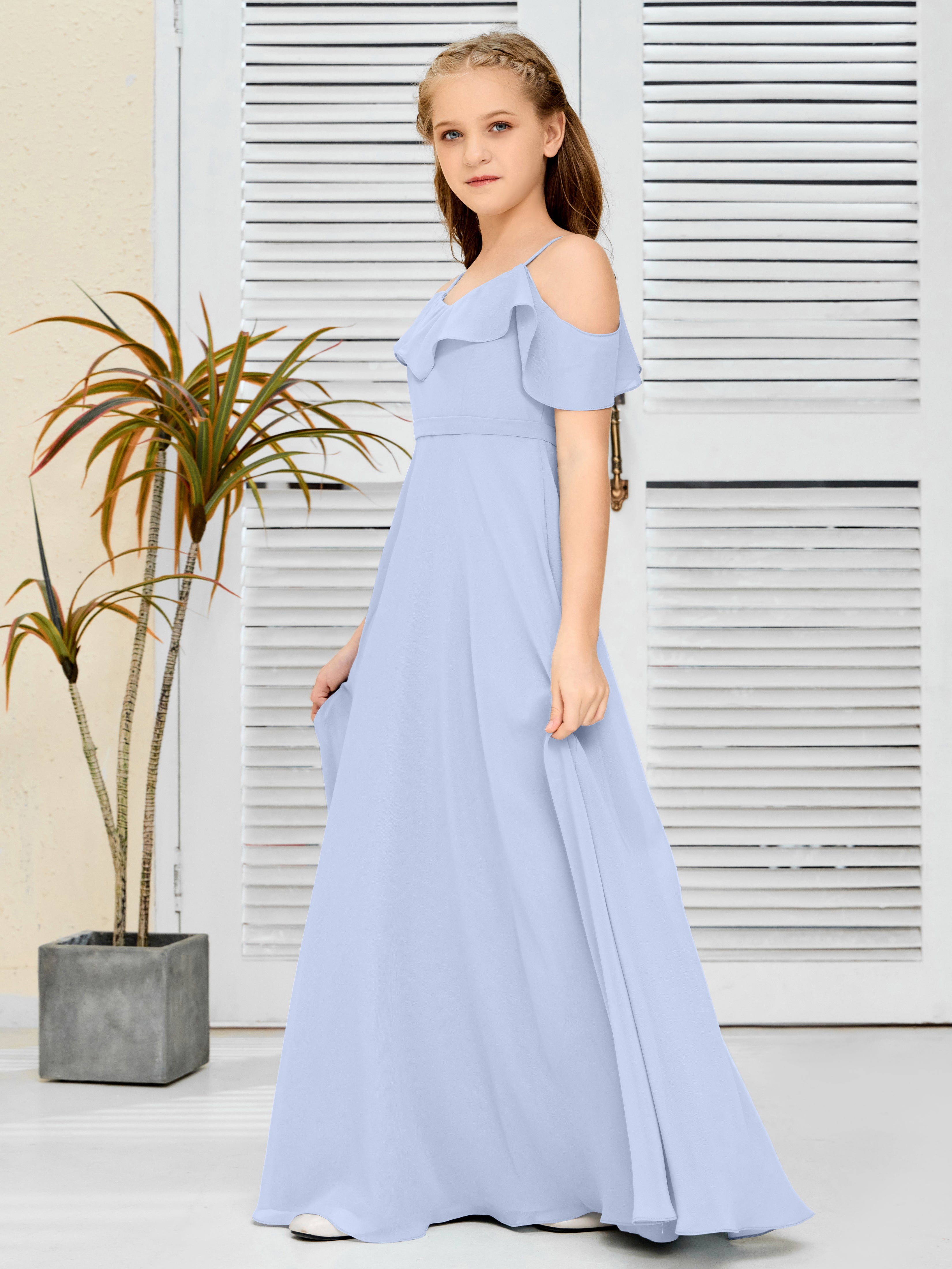 Spaghetti Straps V-Back Chiffon Junior Bridesmaid Dress