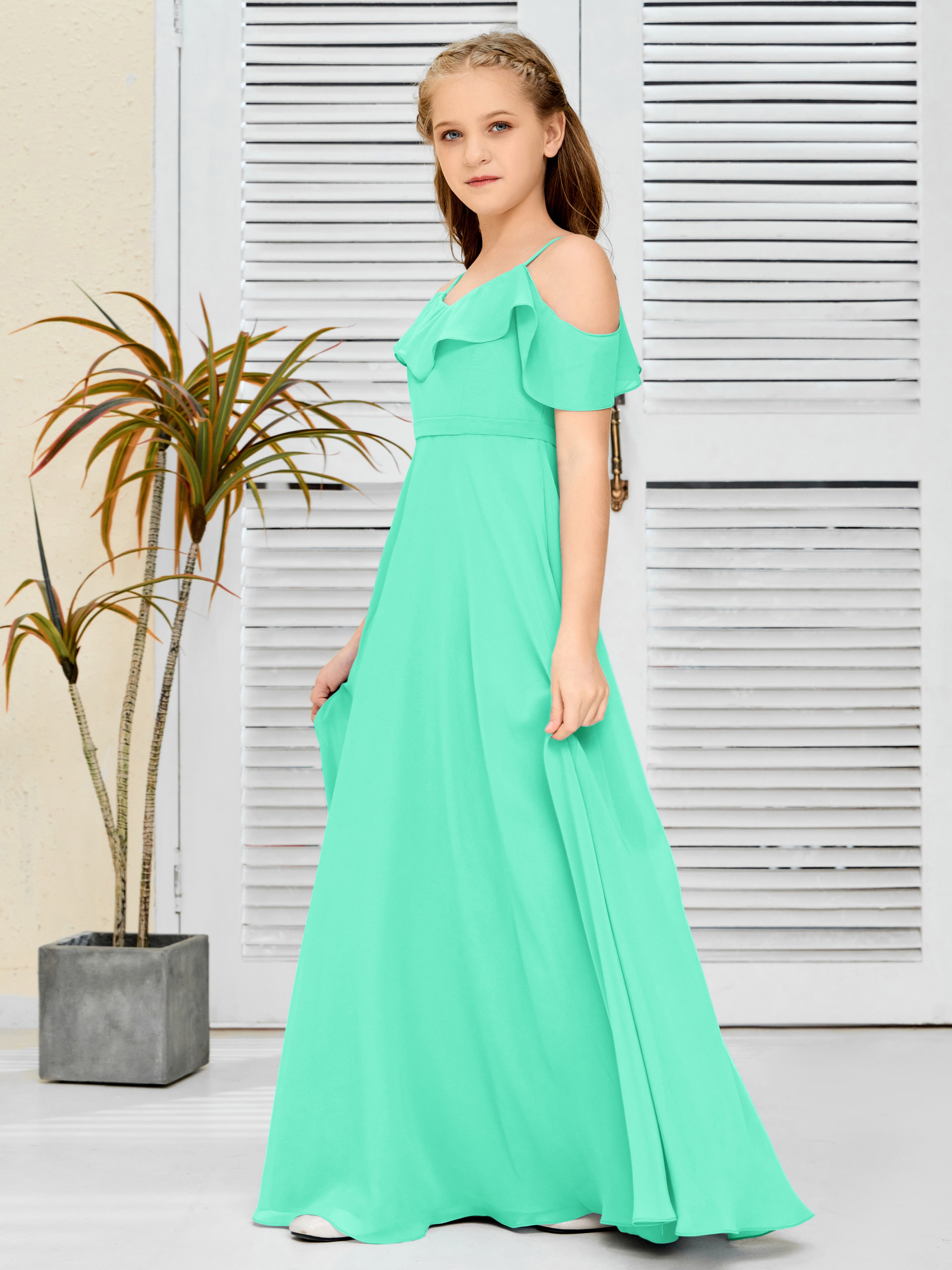 Spaghetti Straps V-Back Chiffon Junior Bridesmaid Dress