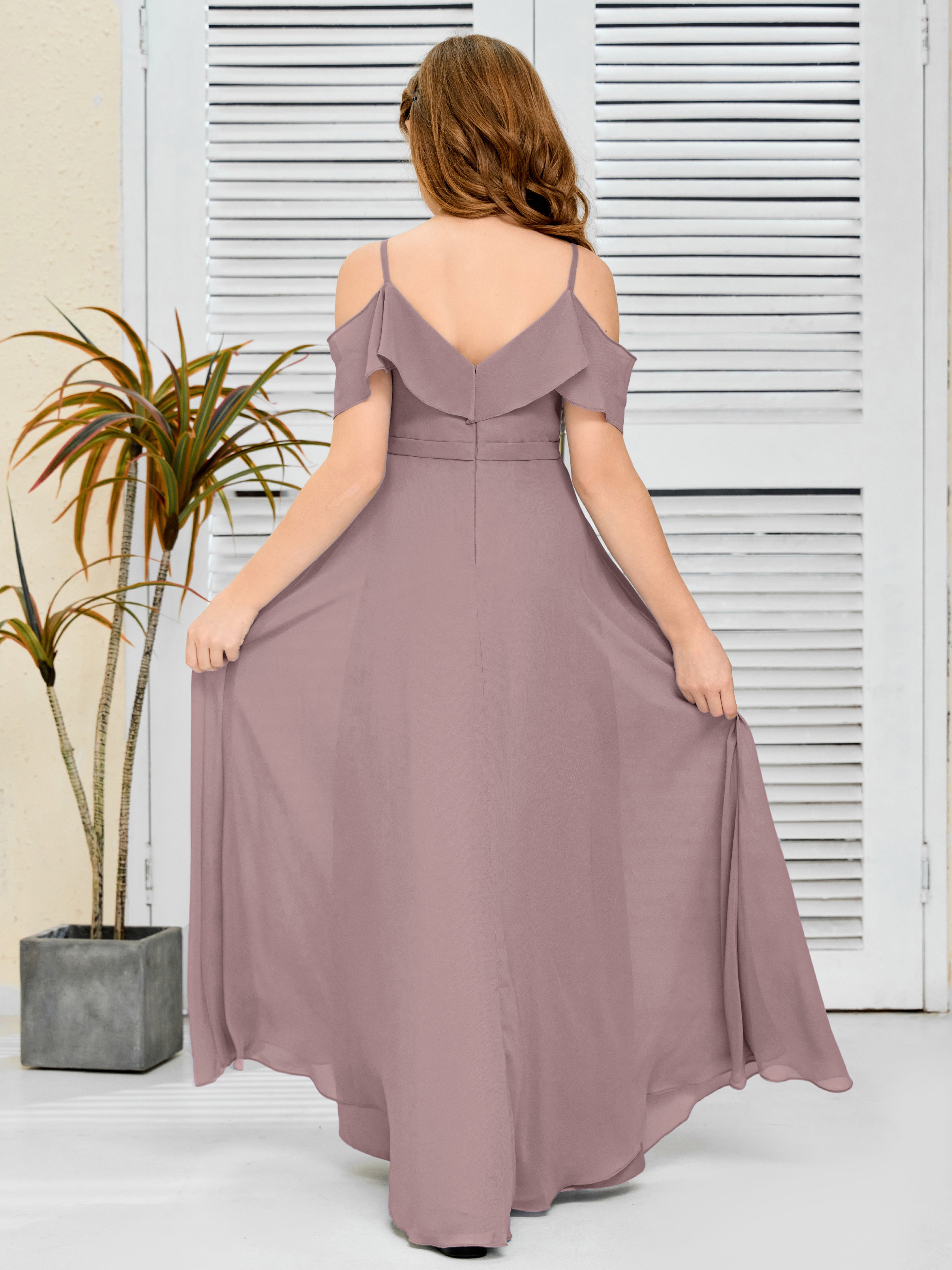 Spaghetti Straps V-Back Chiffon Junior Bridesmaid Dress