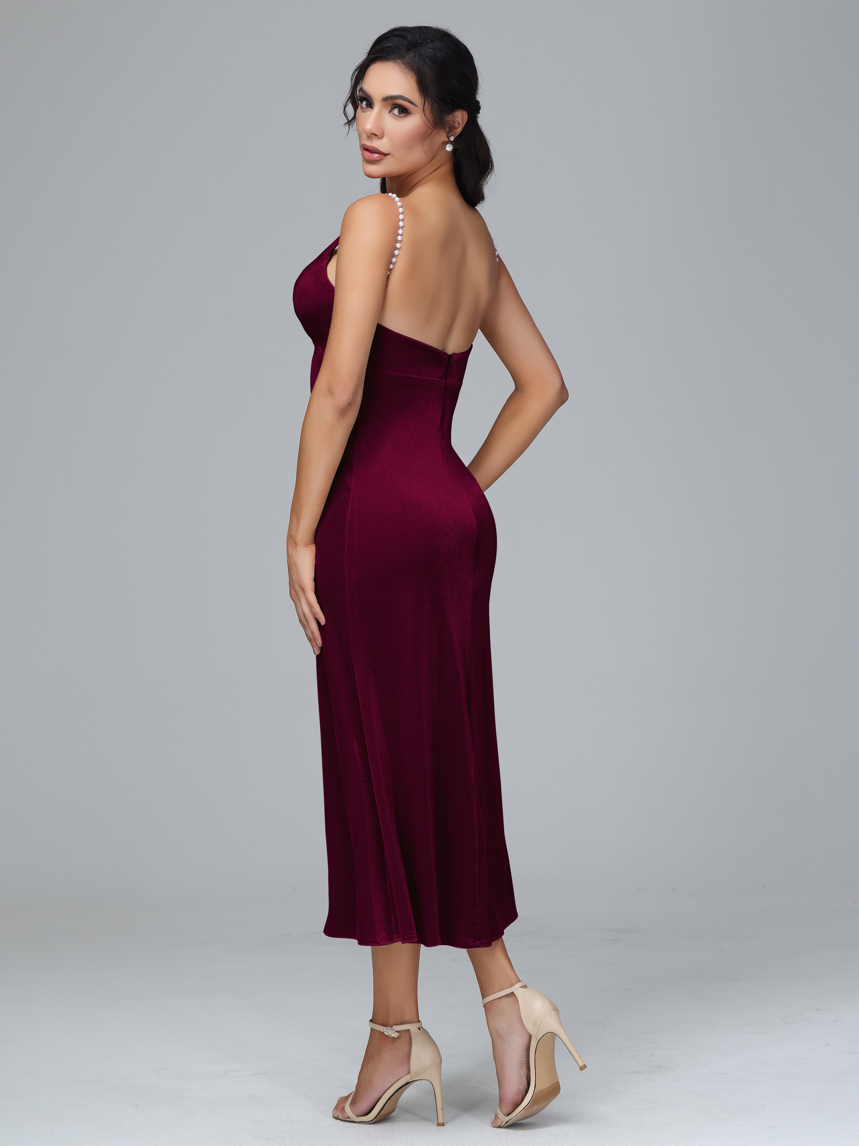 Spaghetti Straps V-Neck Tea Length Velvet Dresses