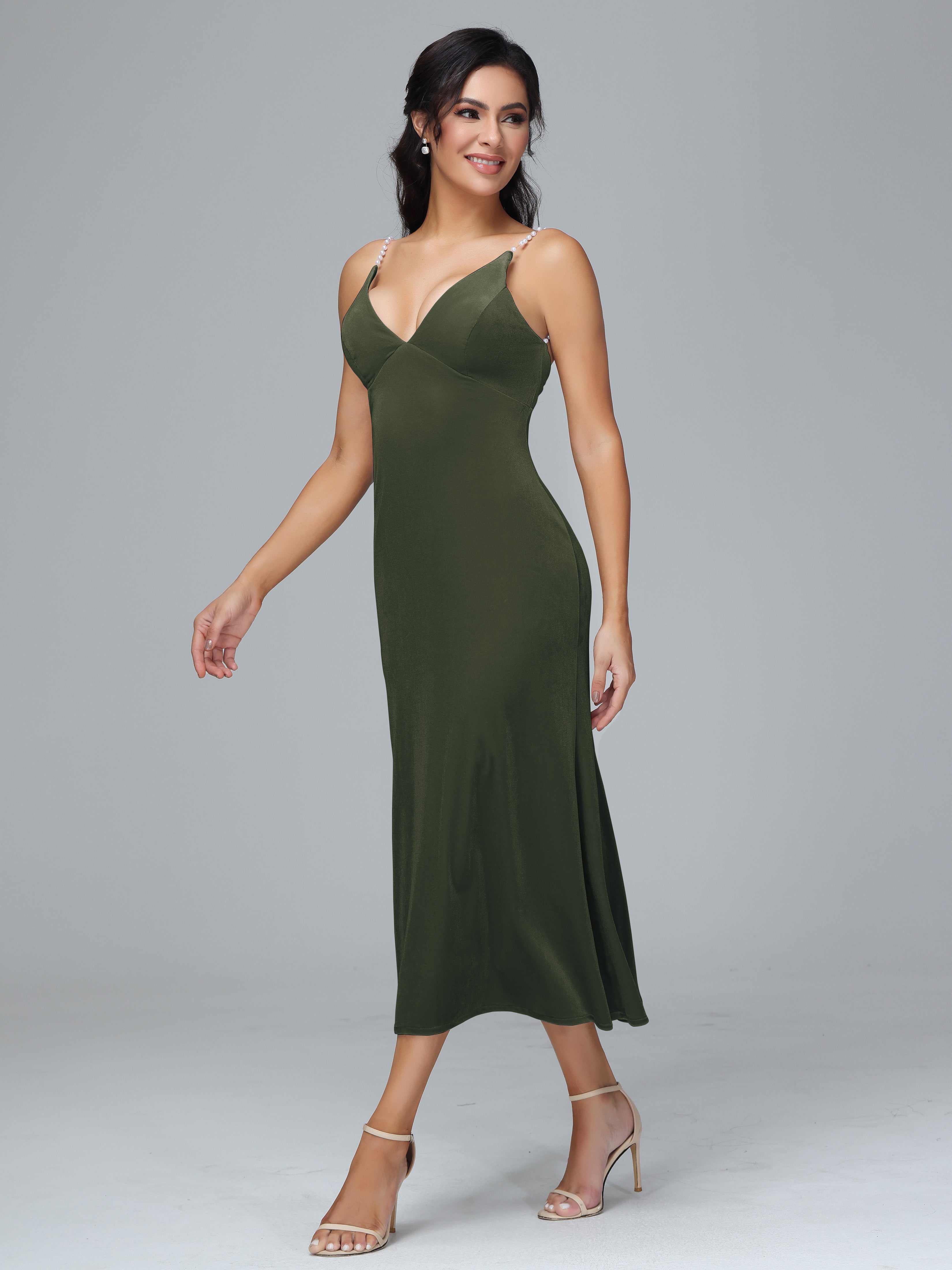 Spaghetti Straps V-Neck Tea Length Velvet Dresses