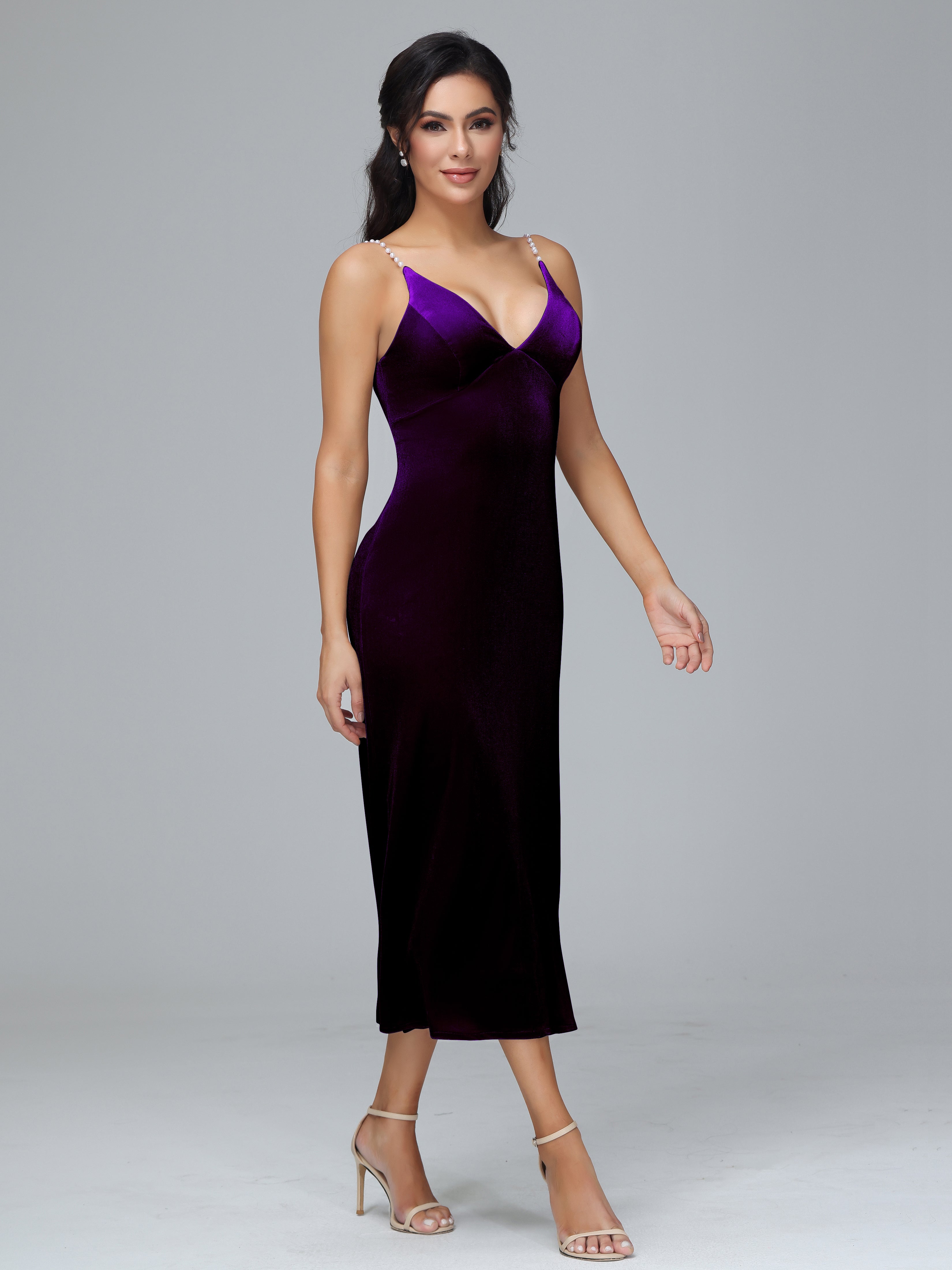 Spaghetti Straps V-Neck Tea Length Velvet Dresses