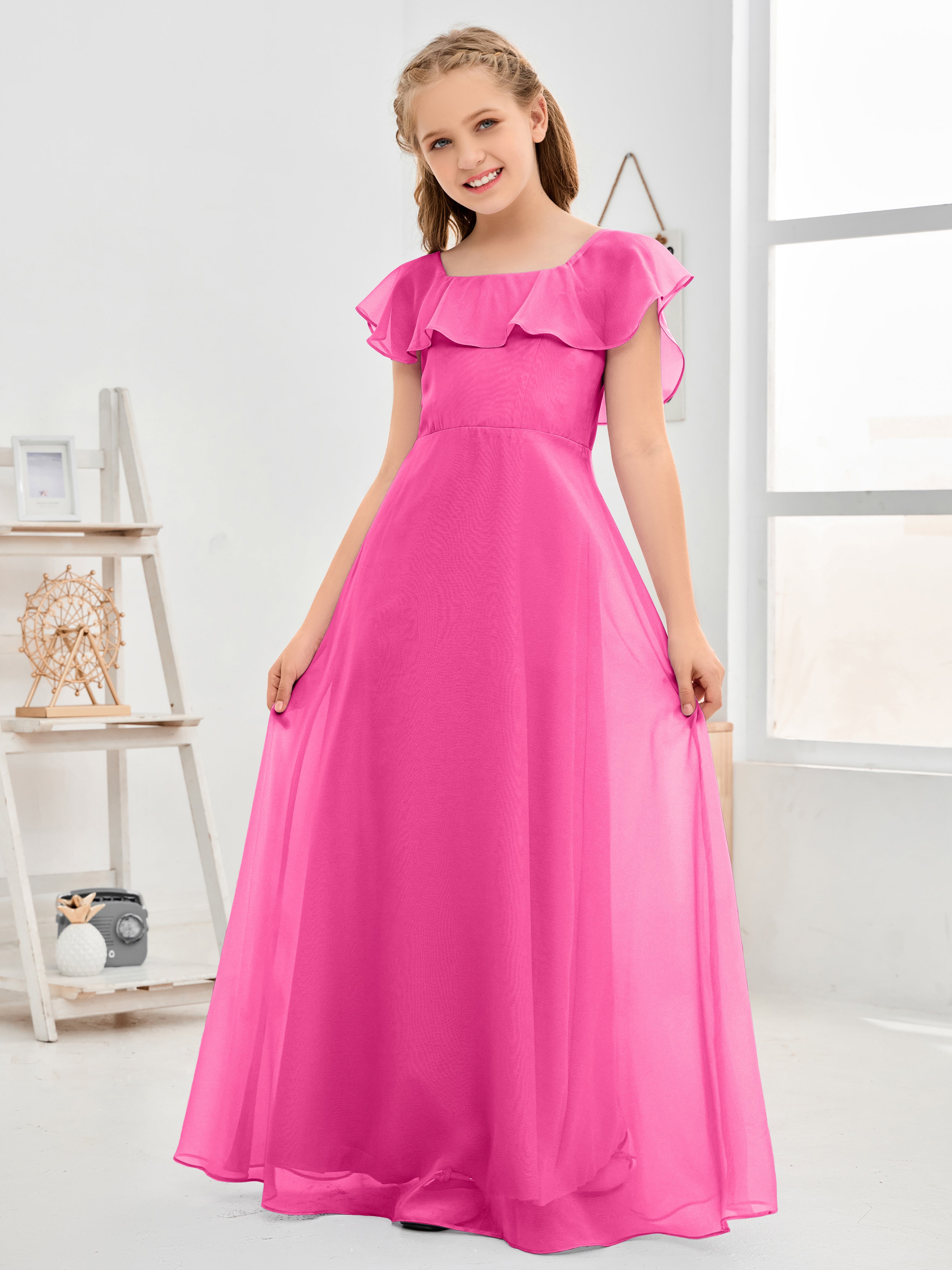 Square Neckline Ruffles Chiffon Junior Bridesmaid Dresses