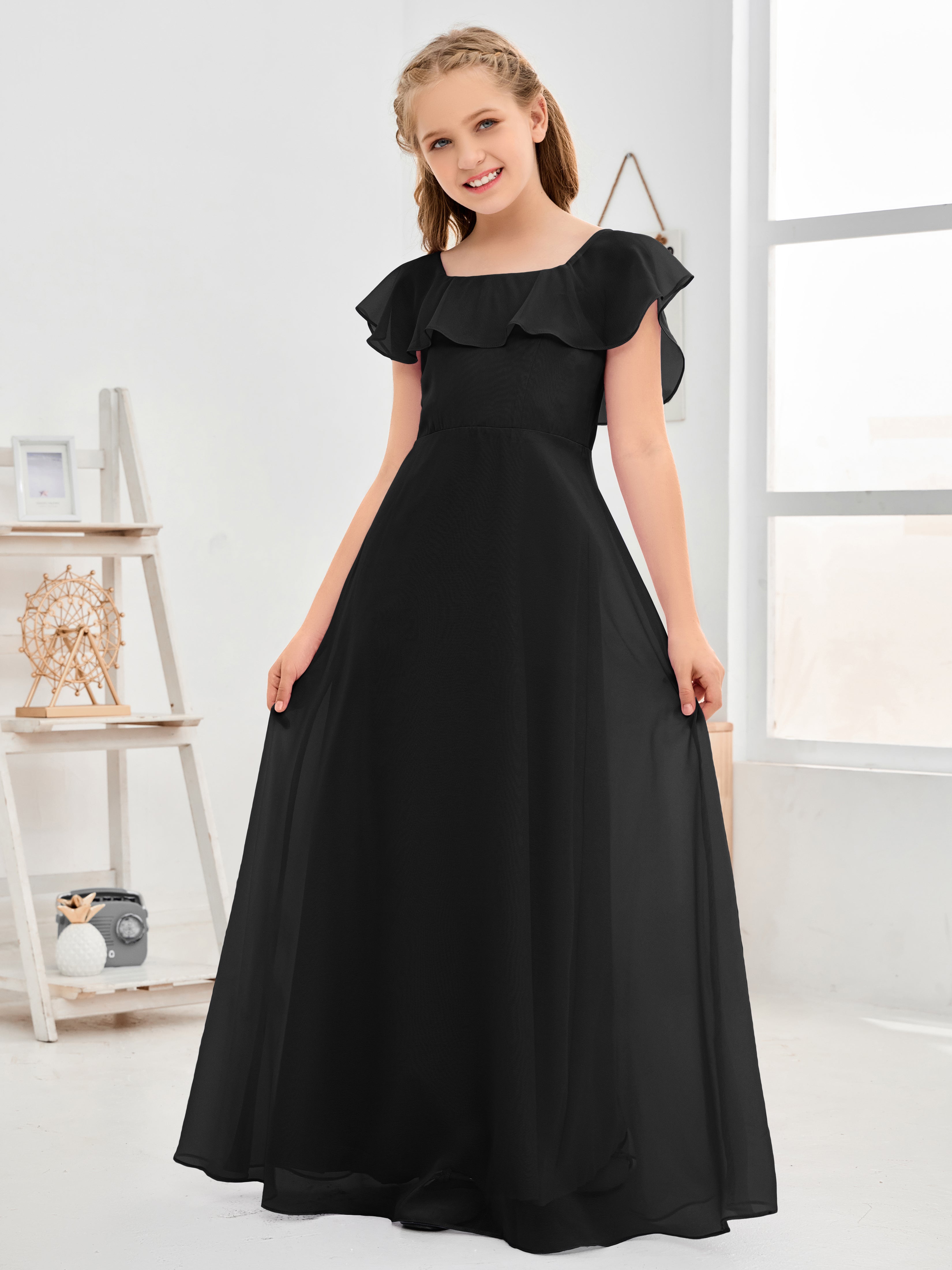 Square Neckline Ruffles Chiffon Junior Bridesmaid Dresses