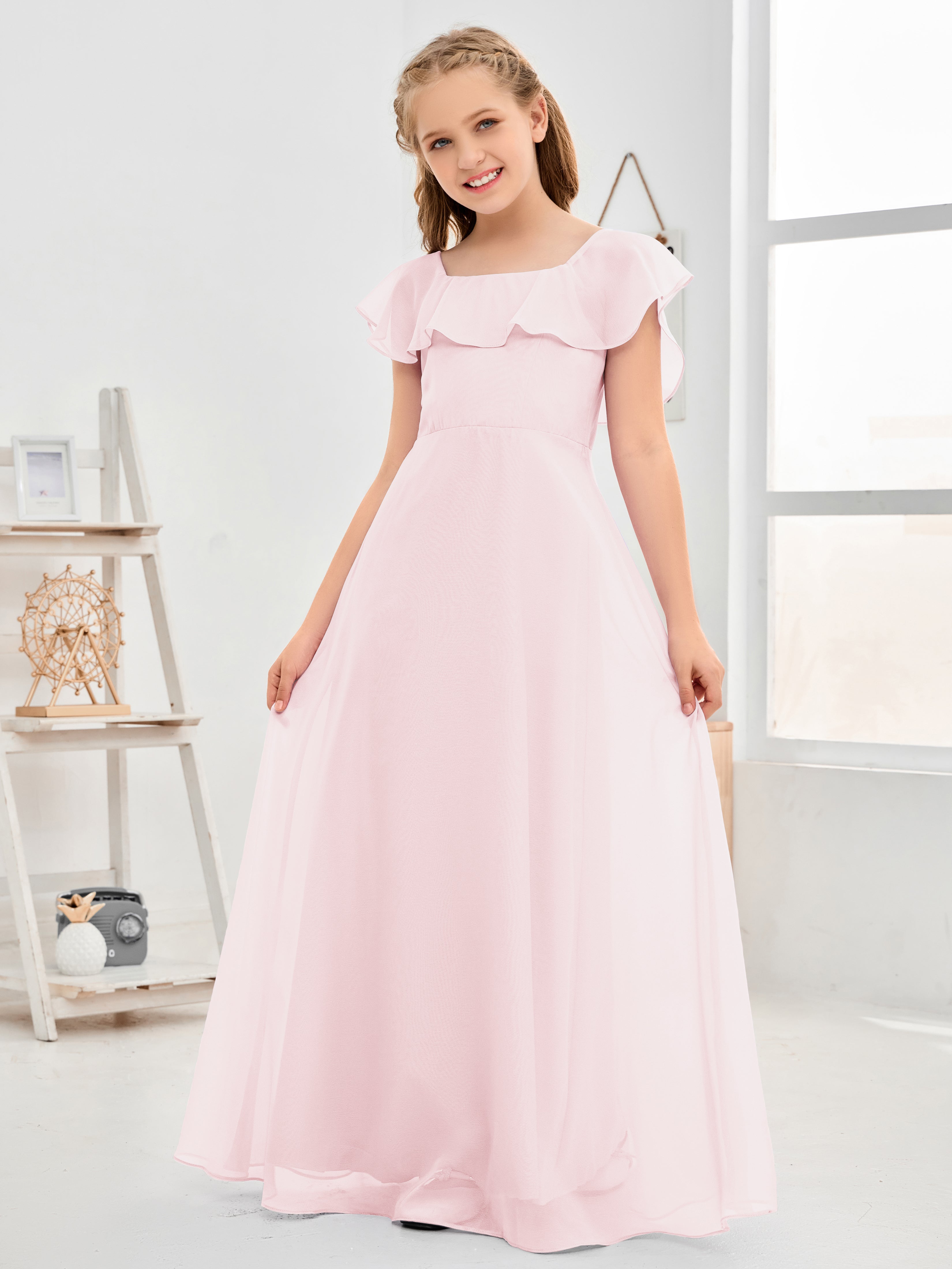 Square Neckline Ruffles Chiffon Junior Bridesmaid Dresses