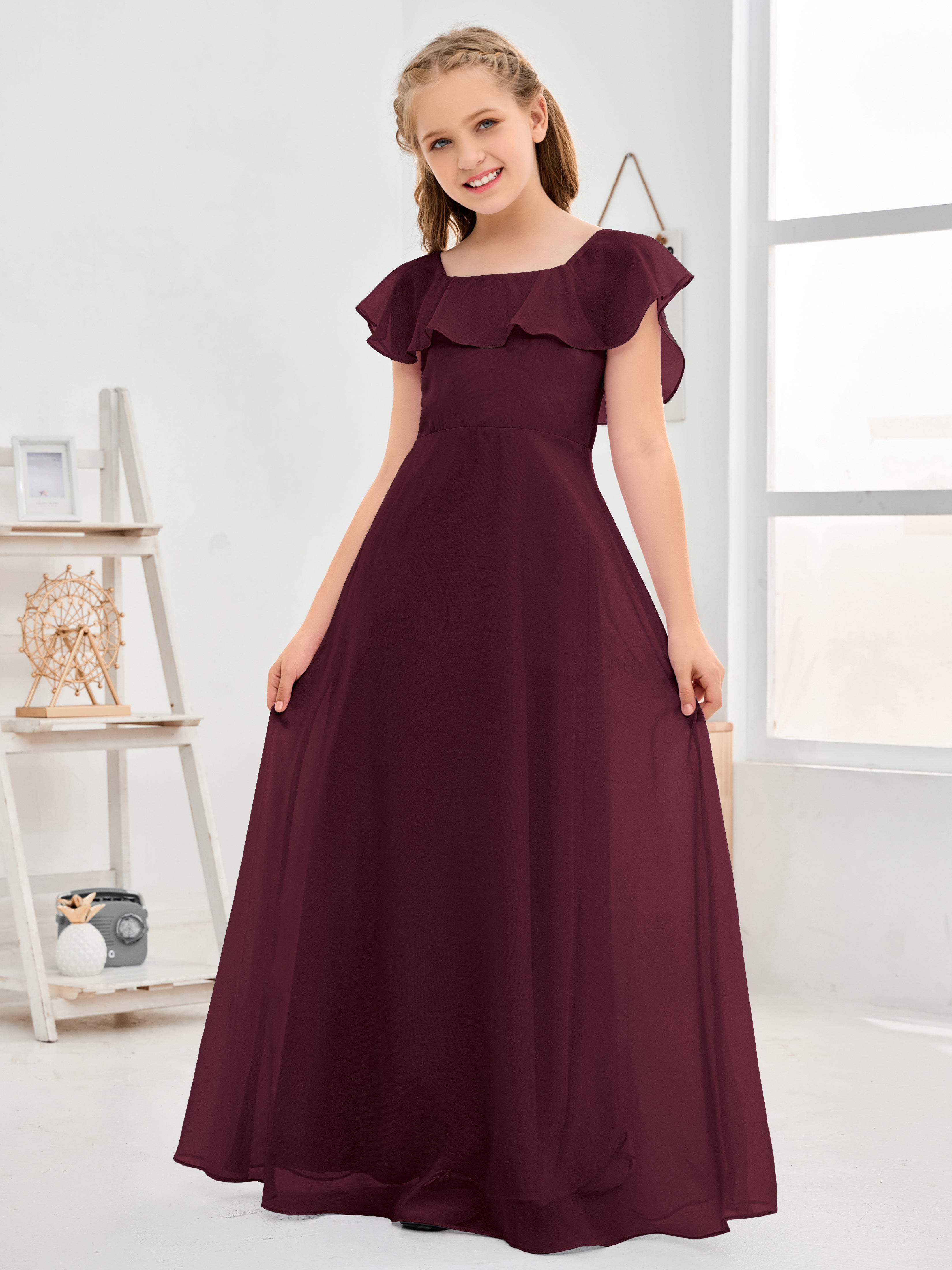 Square Neckline Ruffles Chiffon Junior Bridesmaid Dresses