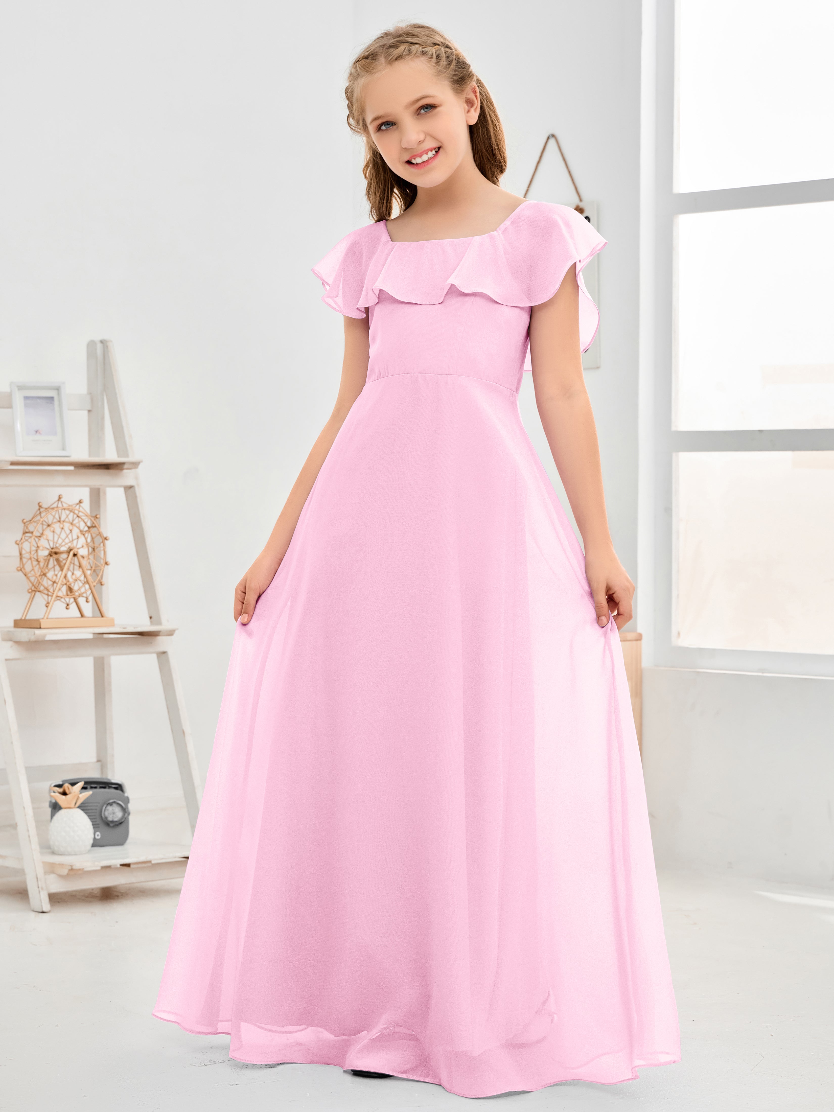 Square Neckline Ruffles Chiffon Junior Bridesmaid Dresses