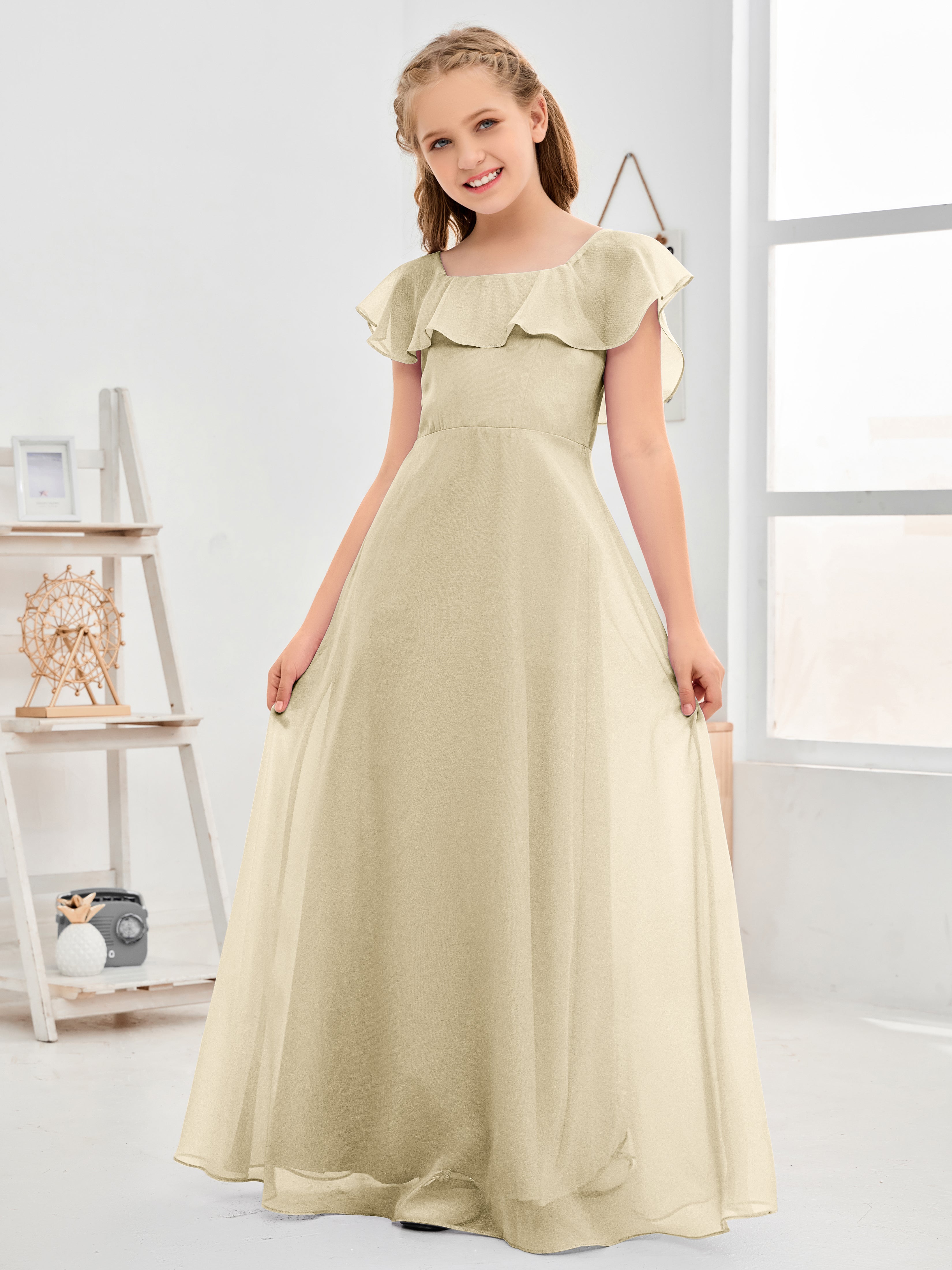 Square Neckline Ruffles Chiffon Junior Bridesmaid Dresses