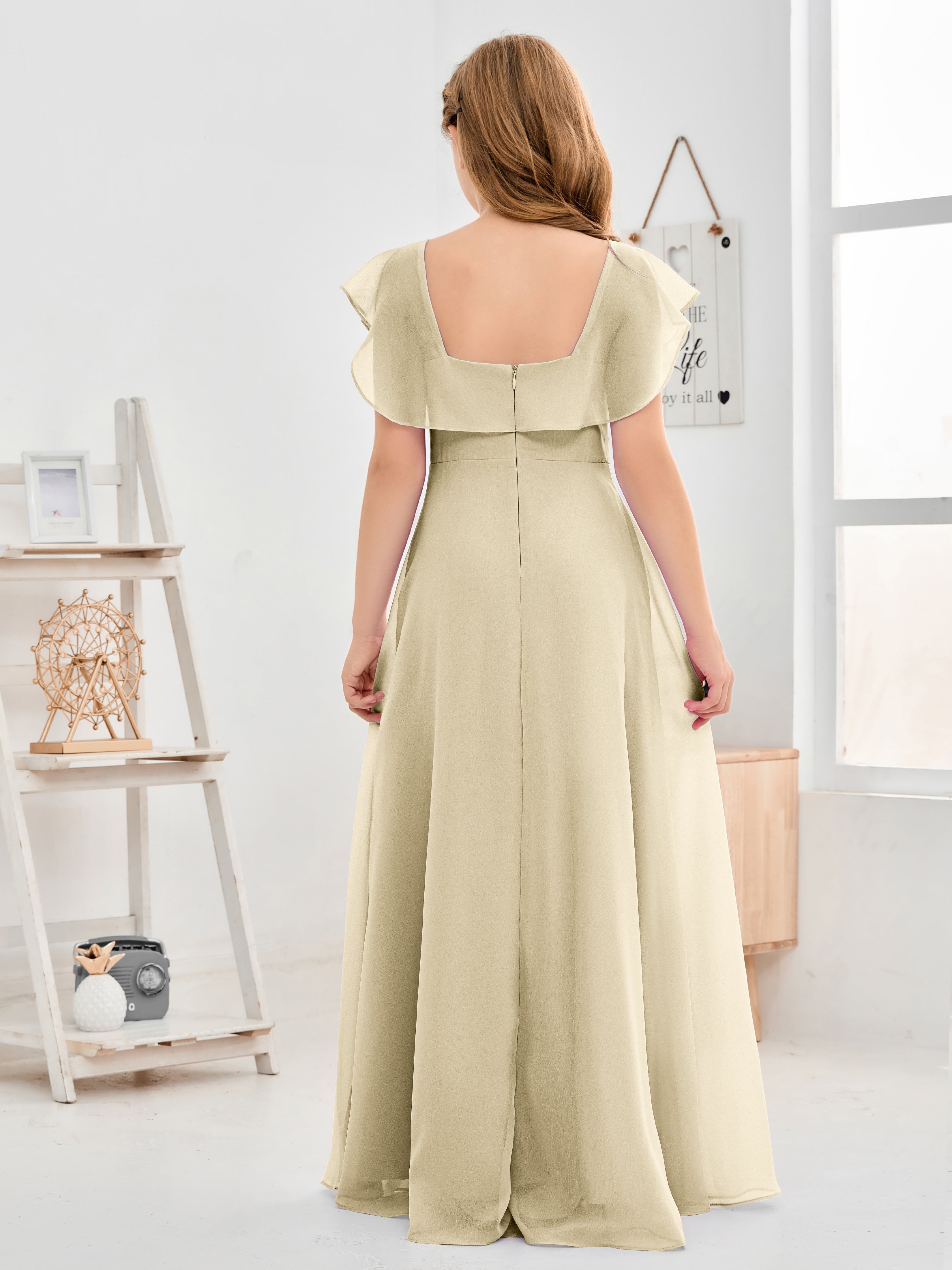 Square Neckline Ruffles Chiffon Junior Bridesmaid Dresses