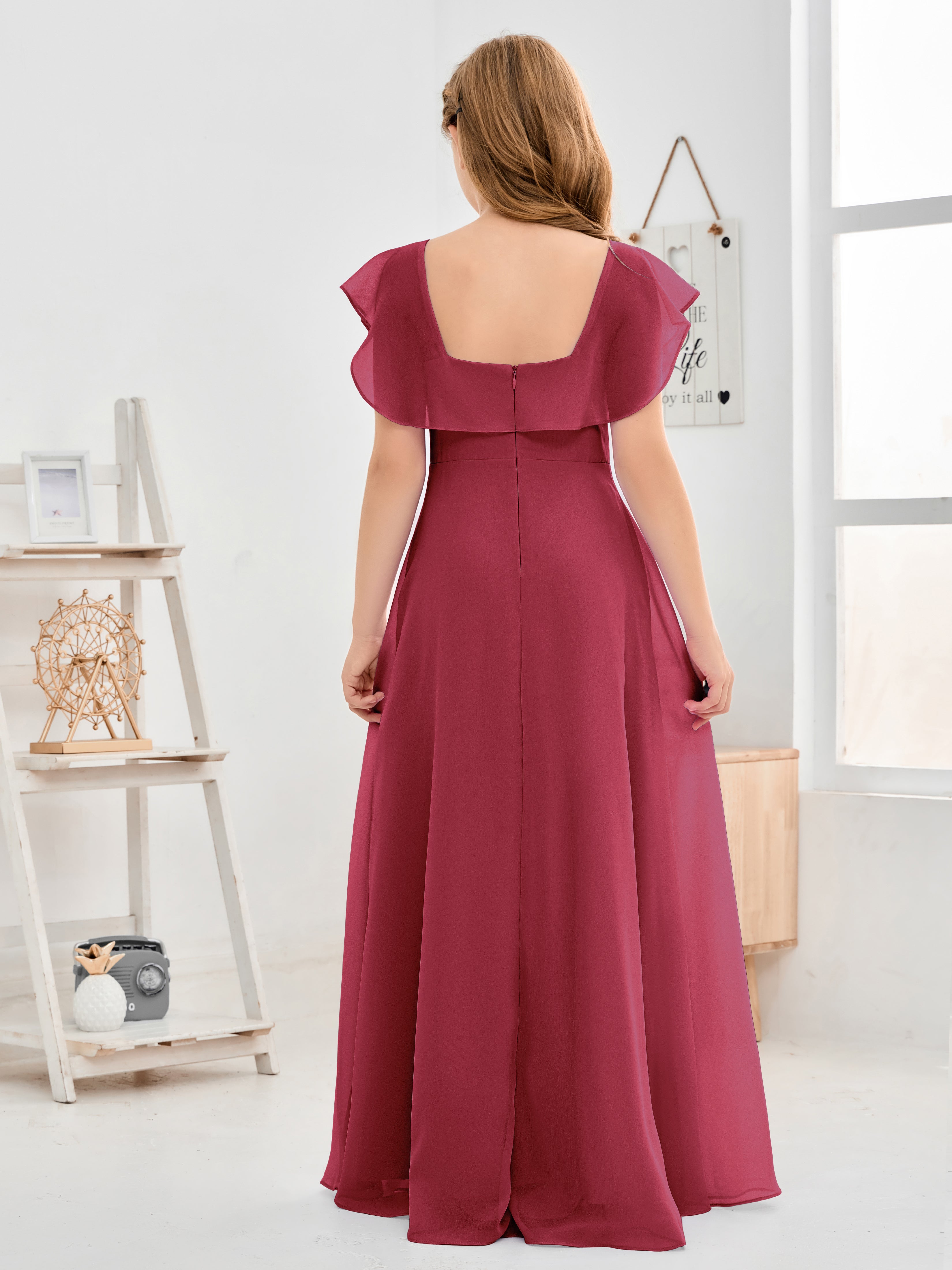 Square Neckline Ruffles Chiffon Junior Bridesmaid Dresses