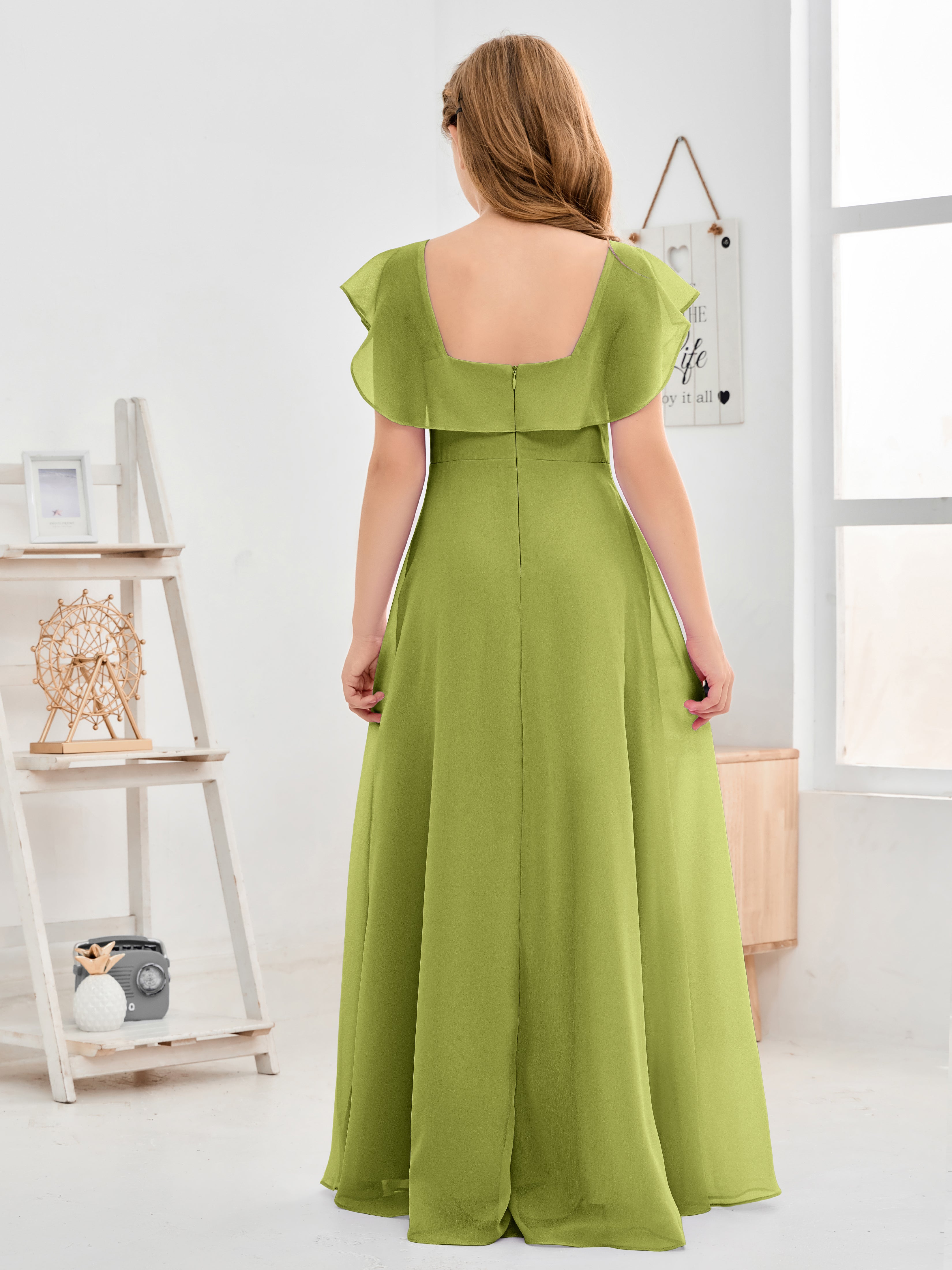 Square Neckline Ruffles Chiffon Junior Bridesmaid Dresses