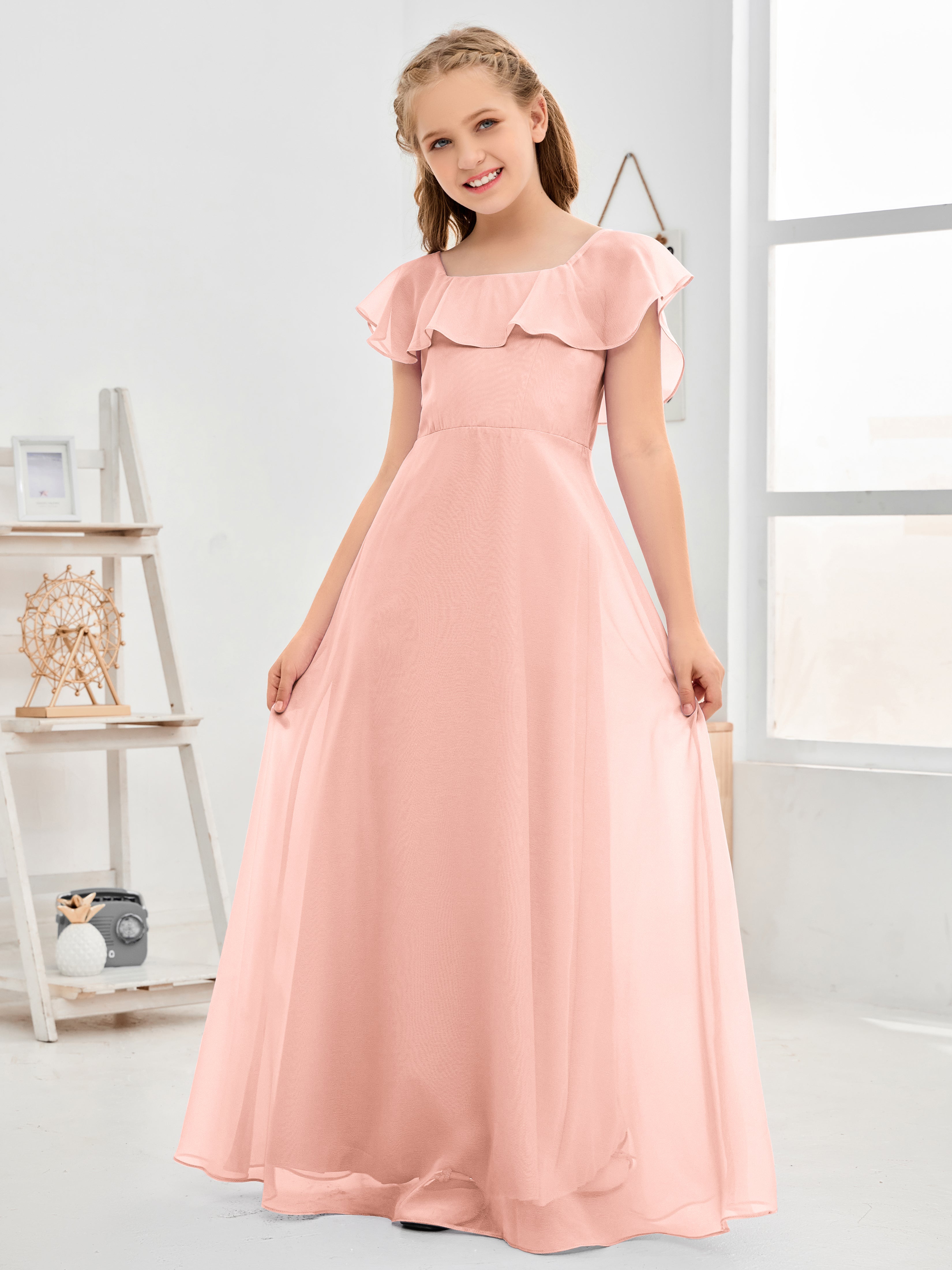 Square Neckline Ruffles Chiffon Junior Bridesmaid Dresses