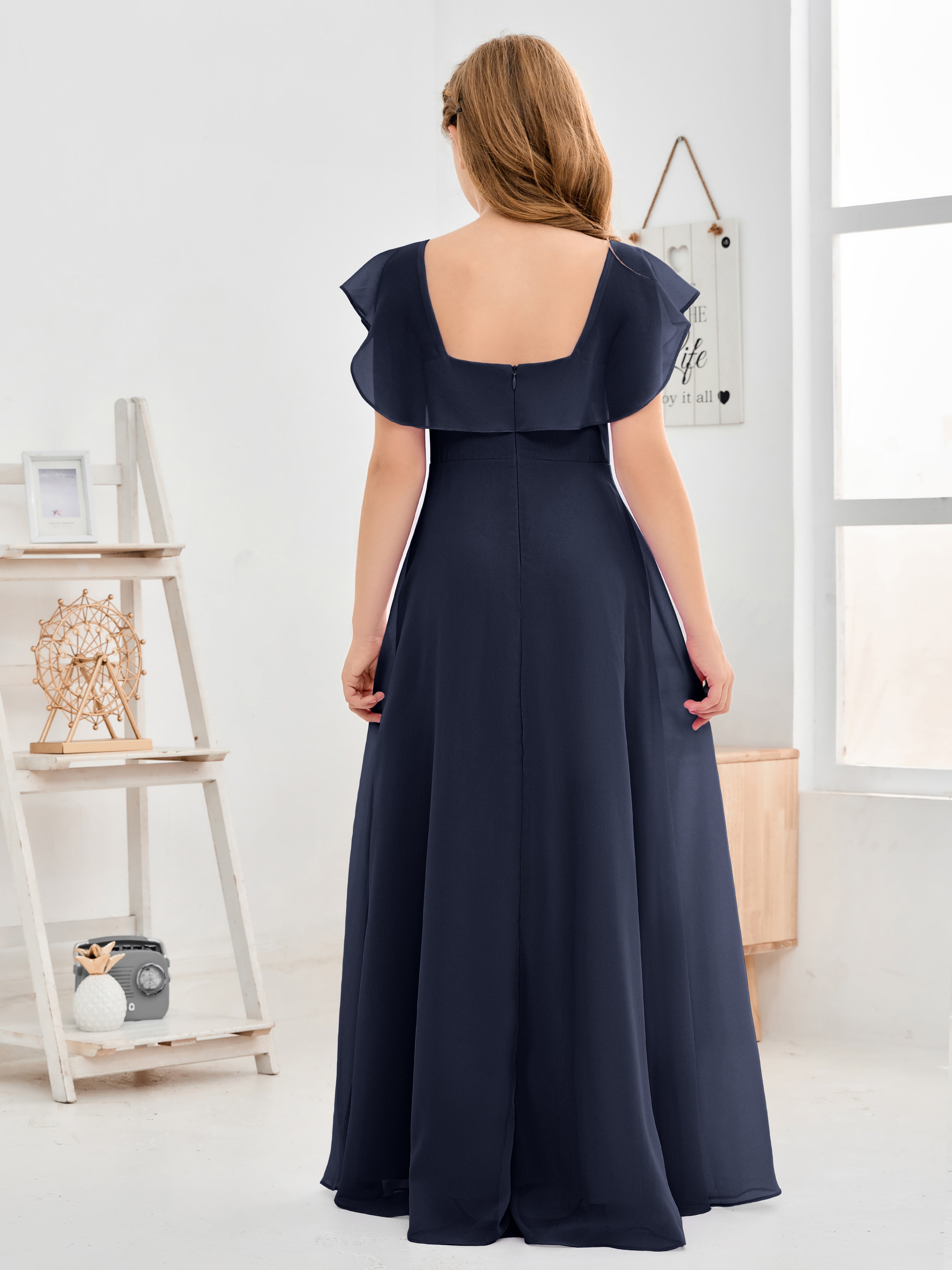 Square Neckline Ruffles Chiffon Junior Bridesmaid Dresses