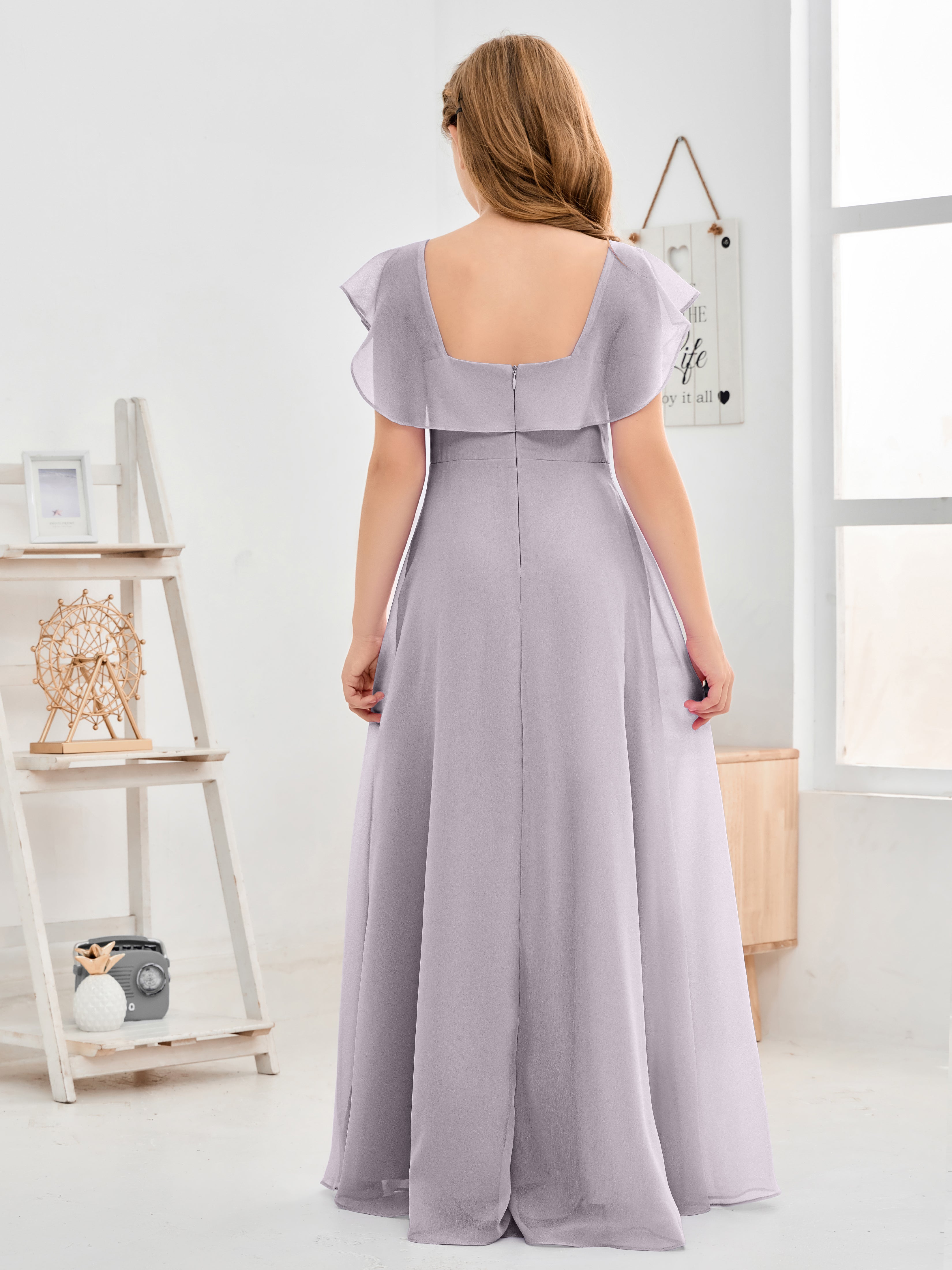 Square Neckline Ruffles Chiffon Junior Bridesmaid Dresses