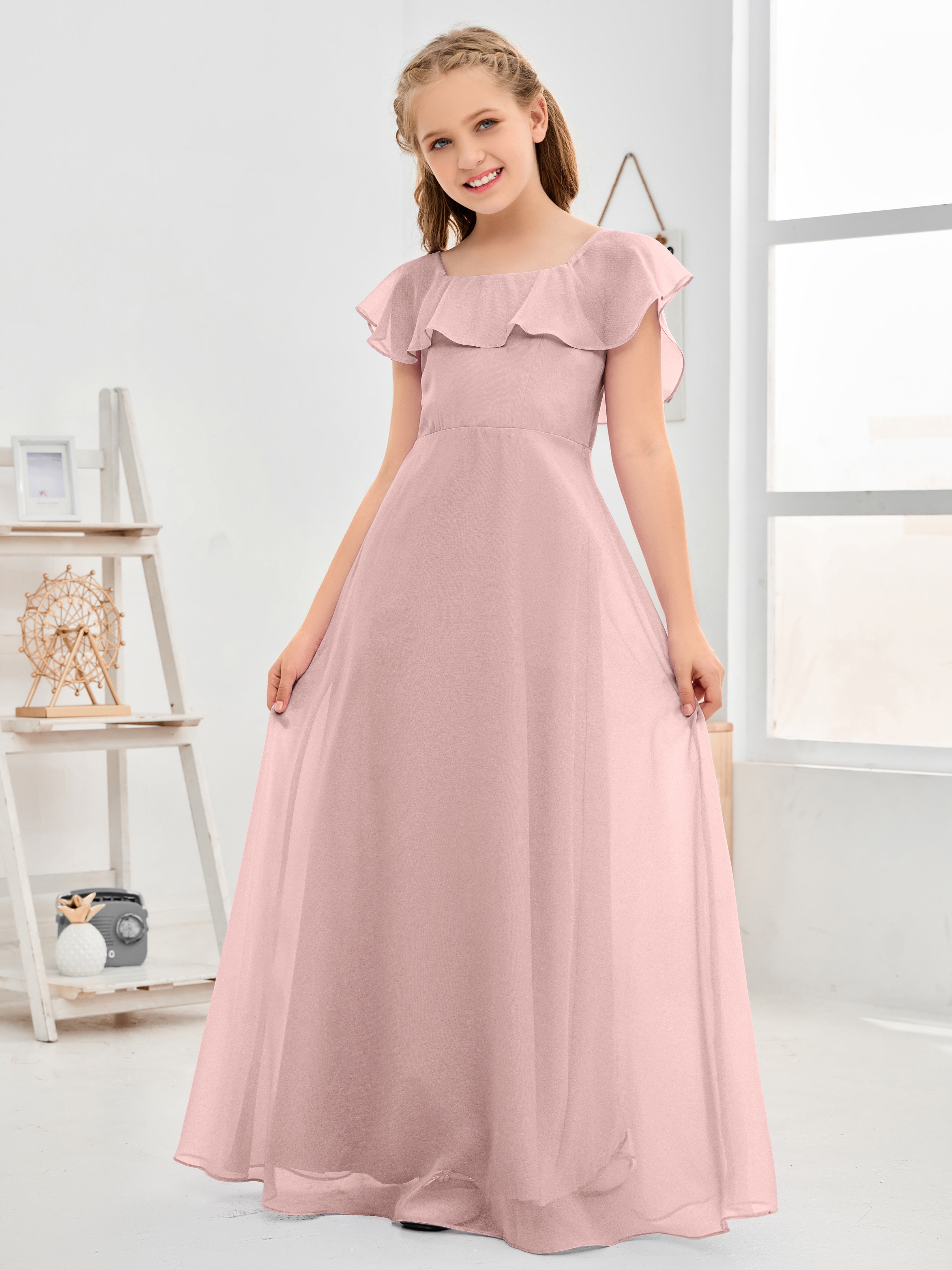 Square Neckline Ruffles Chiffon Junior Bridesmaid Dresses