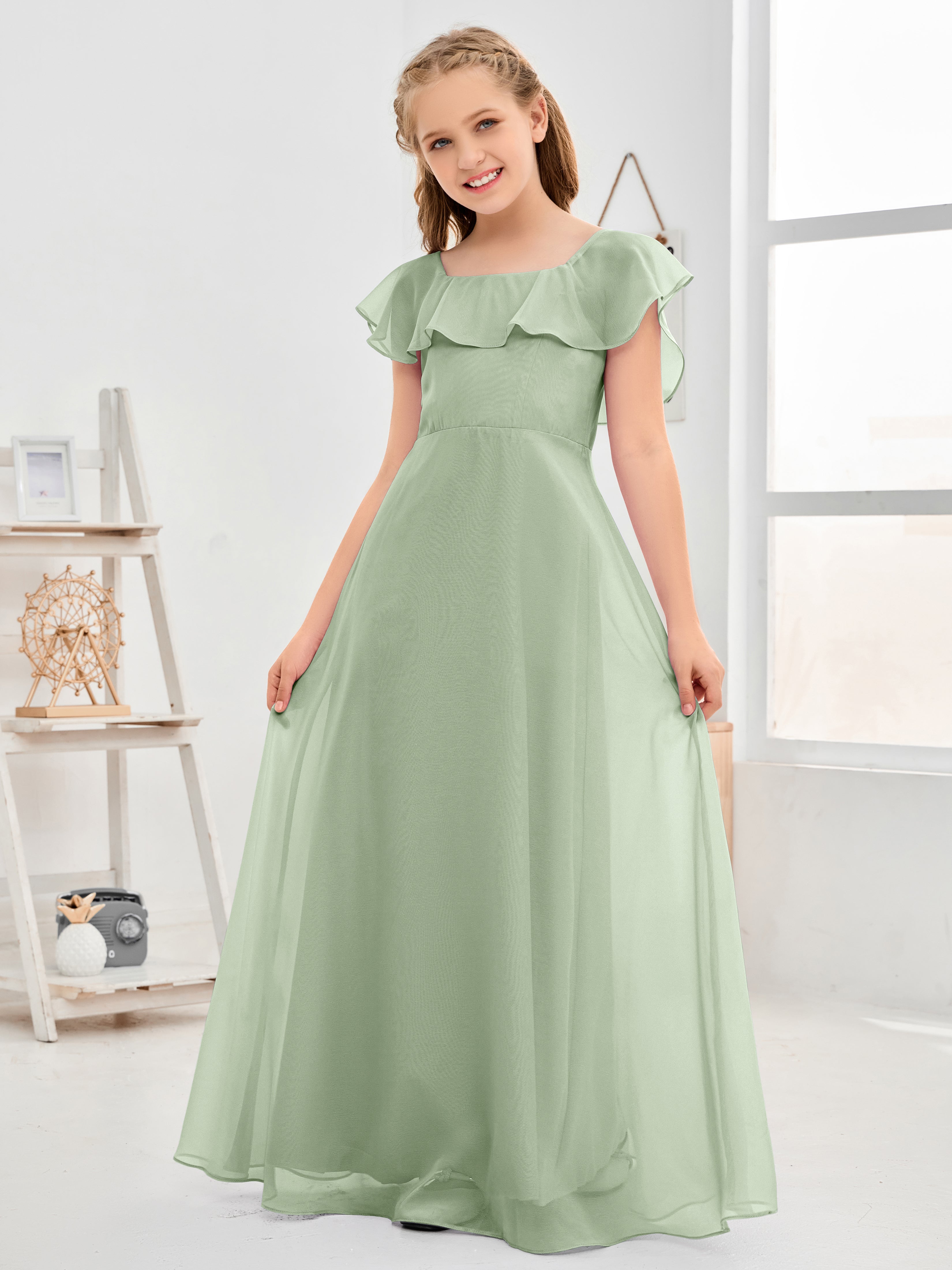 Square Neckline Ruffles Chiffon Junior Bridesmaid Dresses