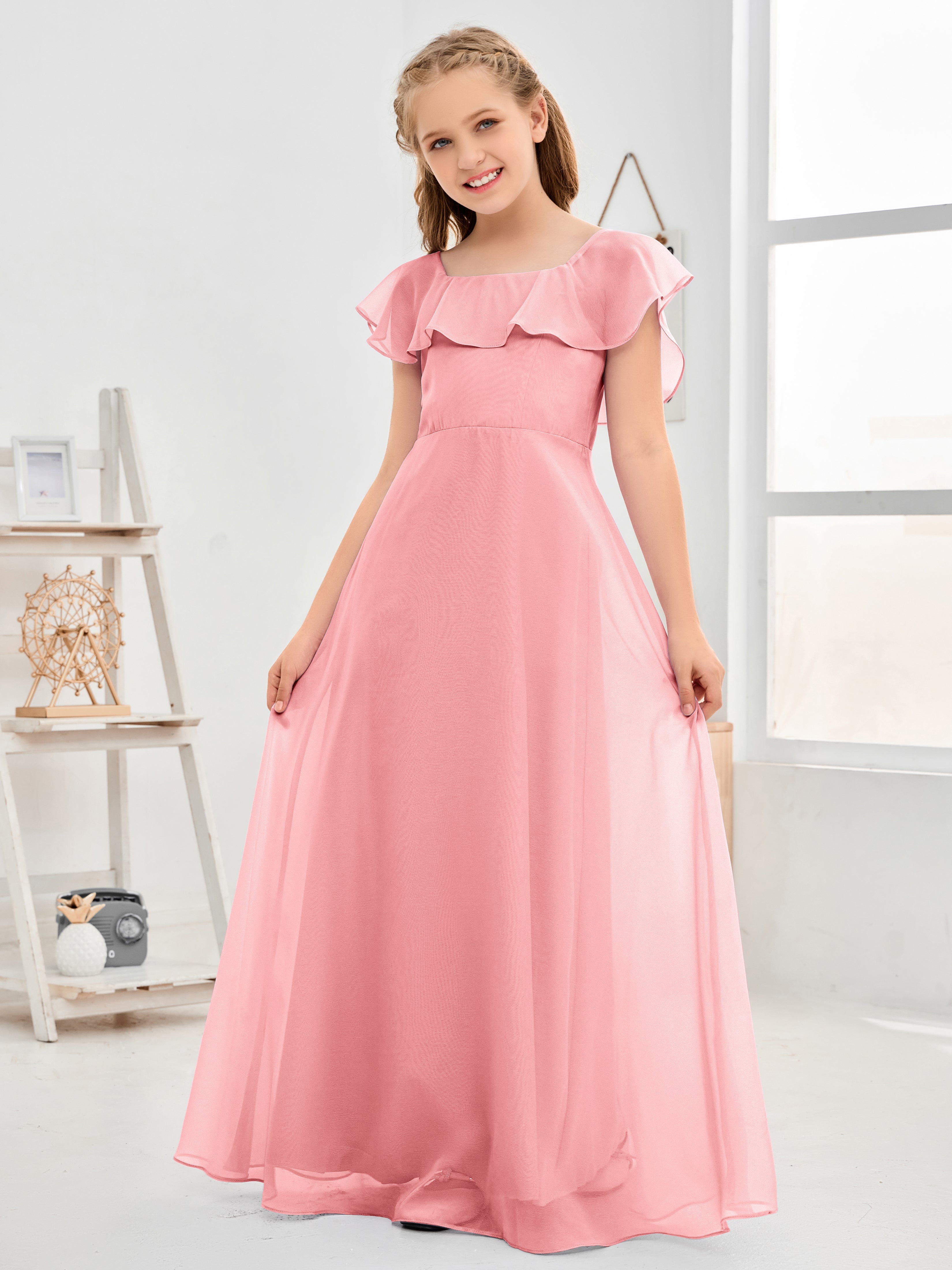 Square Neckline Ruffles Chiffon Junior Bridesmaid Dresses