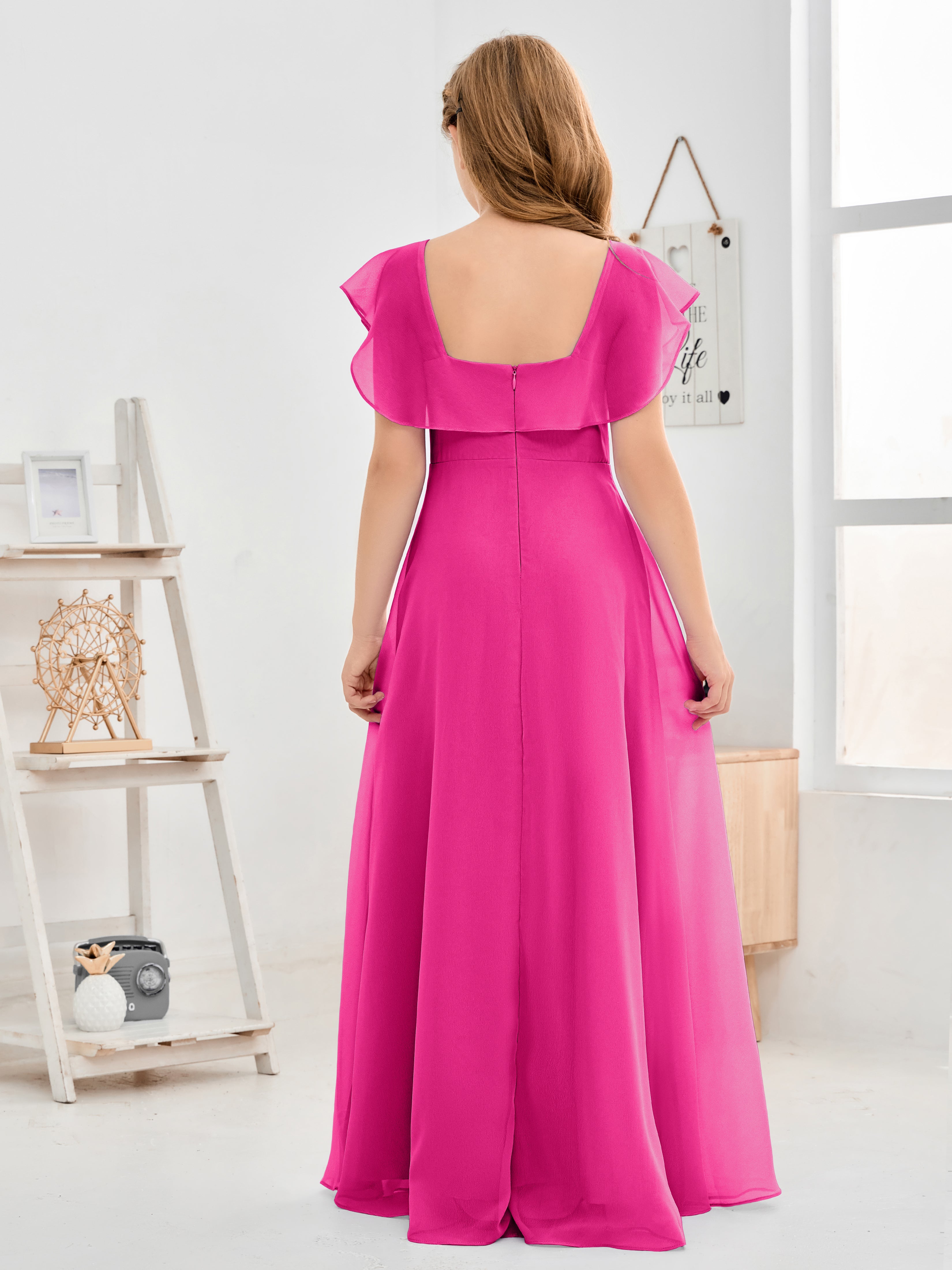 Square Neckline Ruffles Chiffon Junior Bridesmaid Dresses