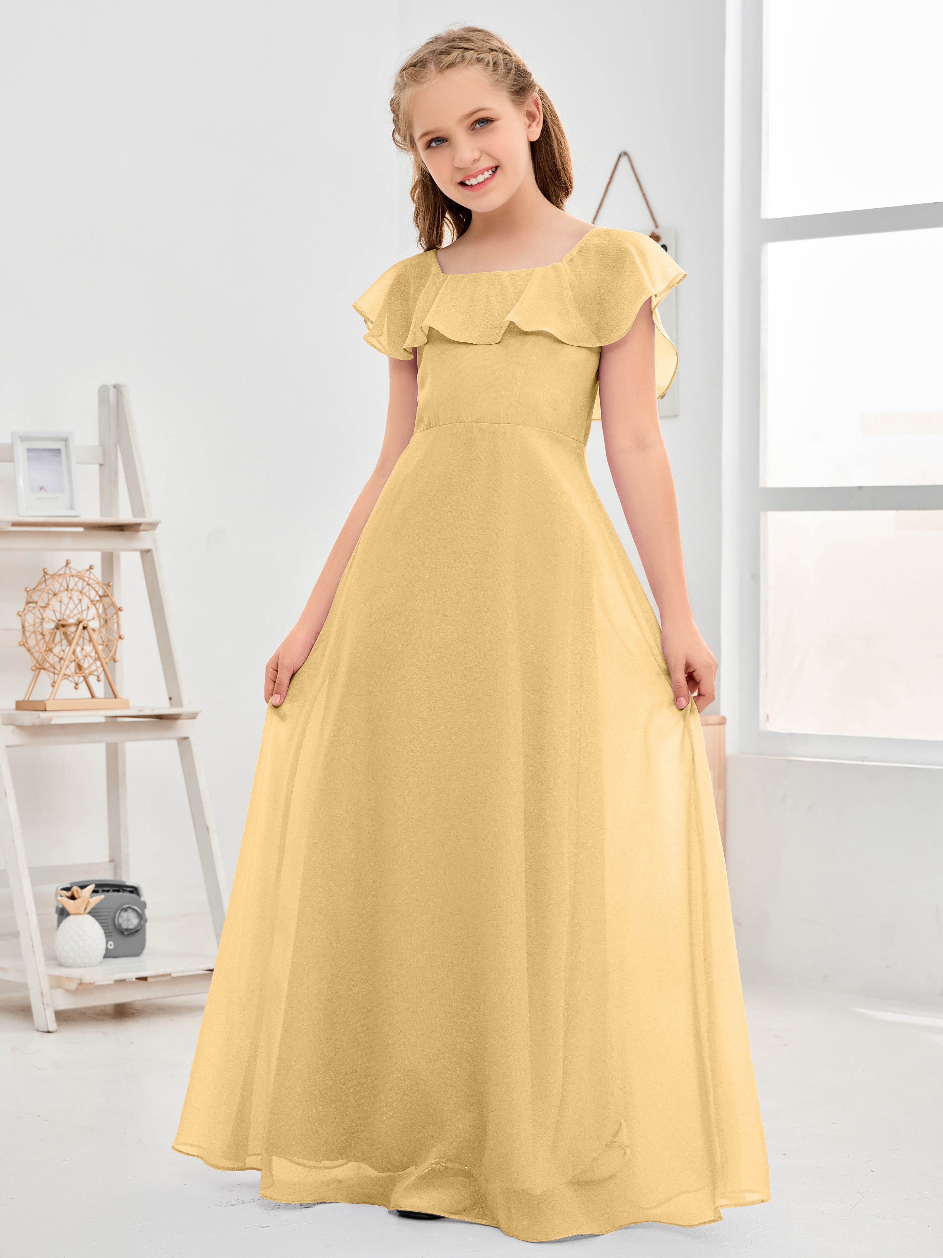 Square Neckline Ruffles Chiffon Junior Bridesmaid Dresses