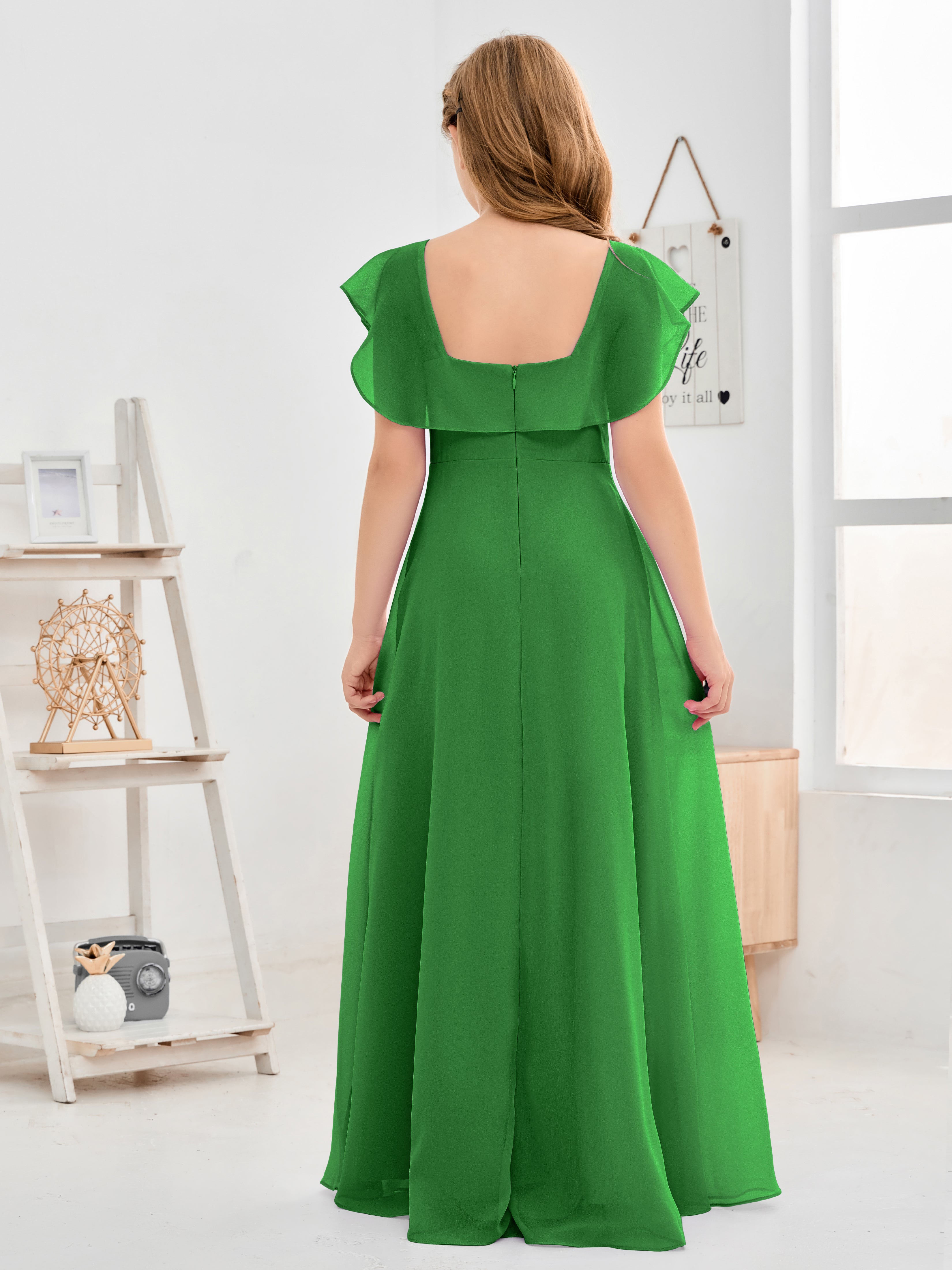 Square Neckline Ruffles Chiffon Junior Bridesmaid Dresses