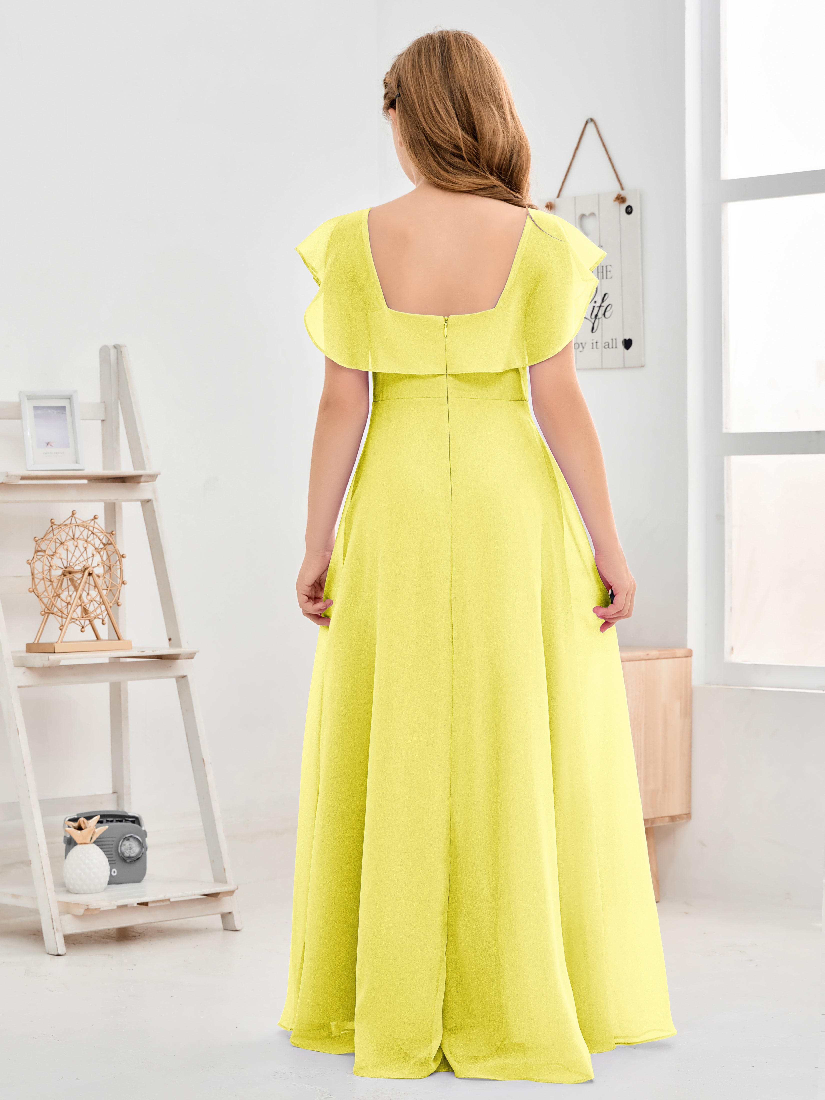 Square Neckline Ruffles Chiffon Junior Bridesmaid Dresses