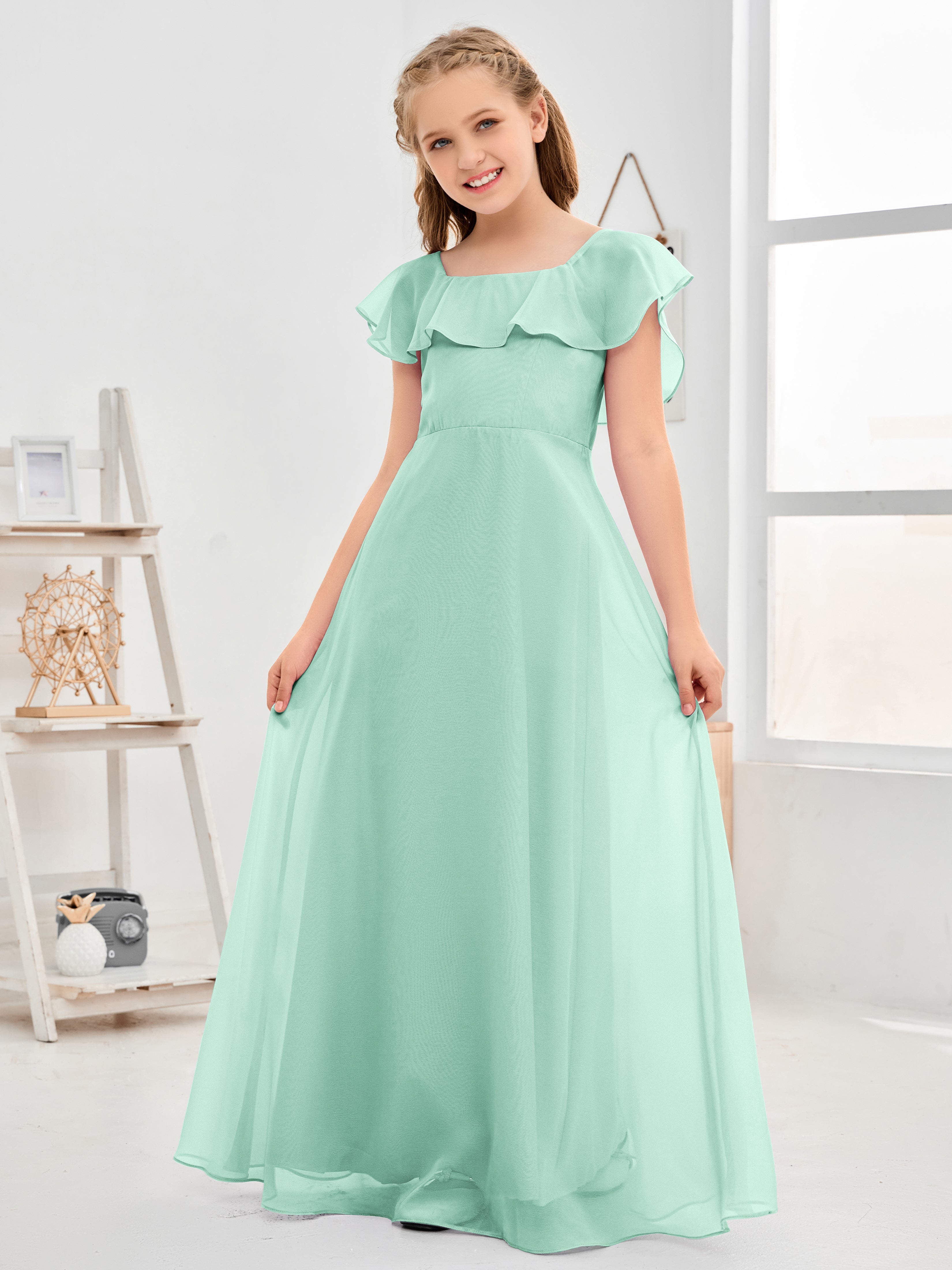 Square Neckline Ruffles Chiffon Junior Bridesmaid Dresses