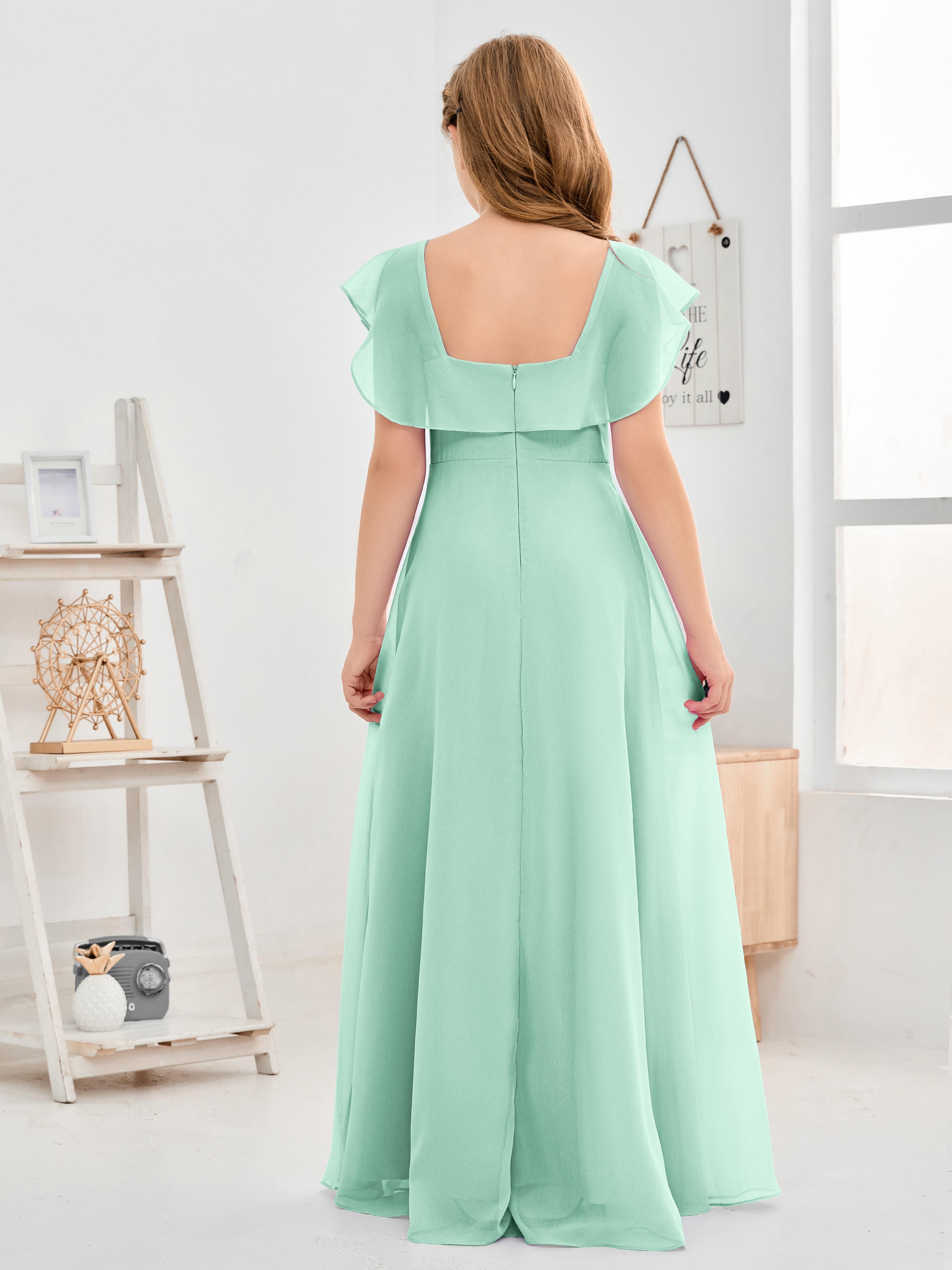 Square Neckline Ruffles Chiffon Junior Bridesmaid Dresses