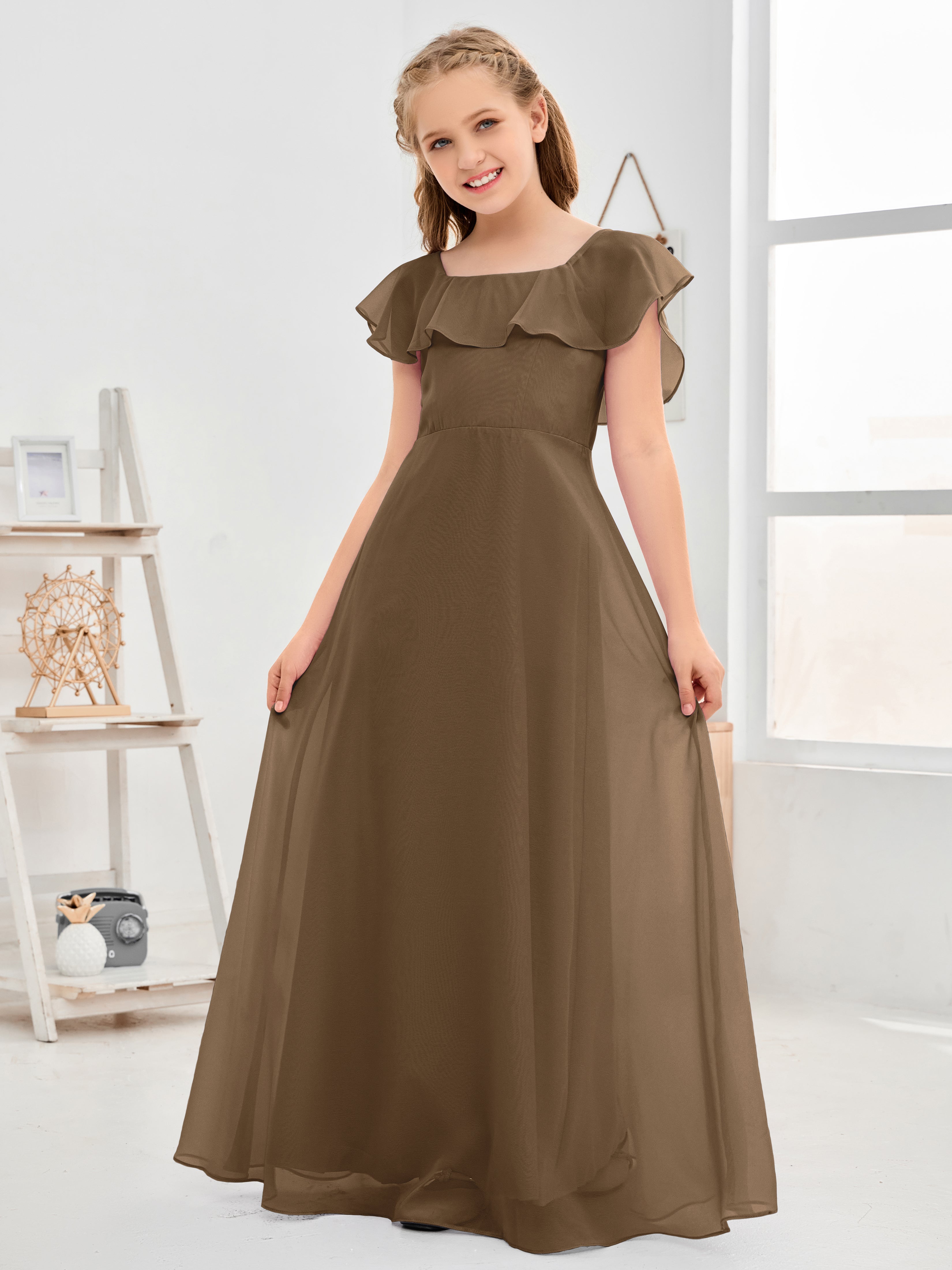 Square Neckline Ruffles Chiffon Junior Bridesmaid Dresses